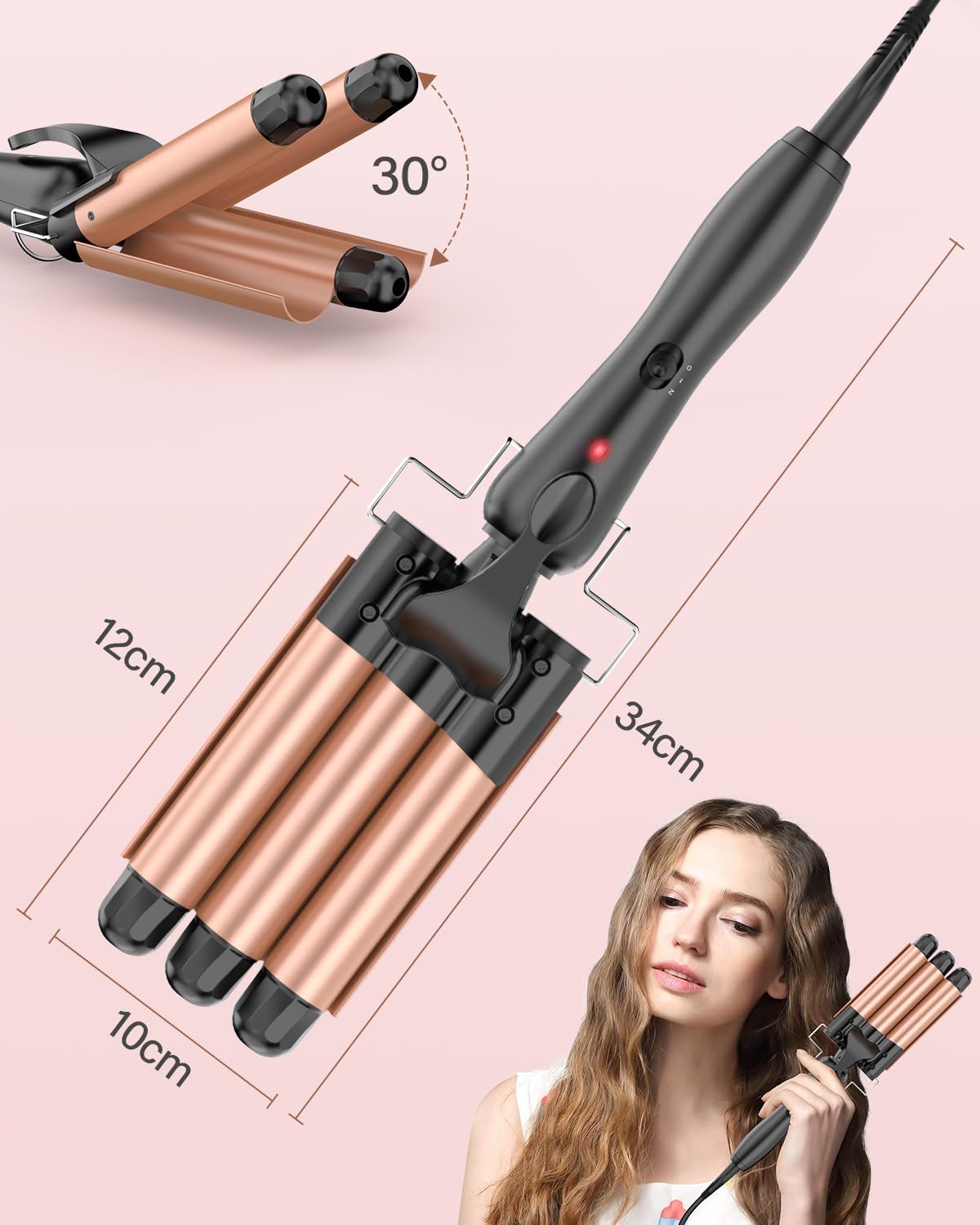 BESTOPE RAY Hair Curler 25mm, 3 Barrel Hair Waver with 30s Quick Heating, Curling Iron with 2 Temperature Control, Heat-Resistant Glove for Long Medium Short Hair