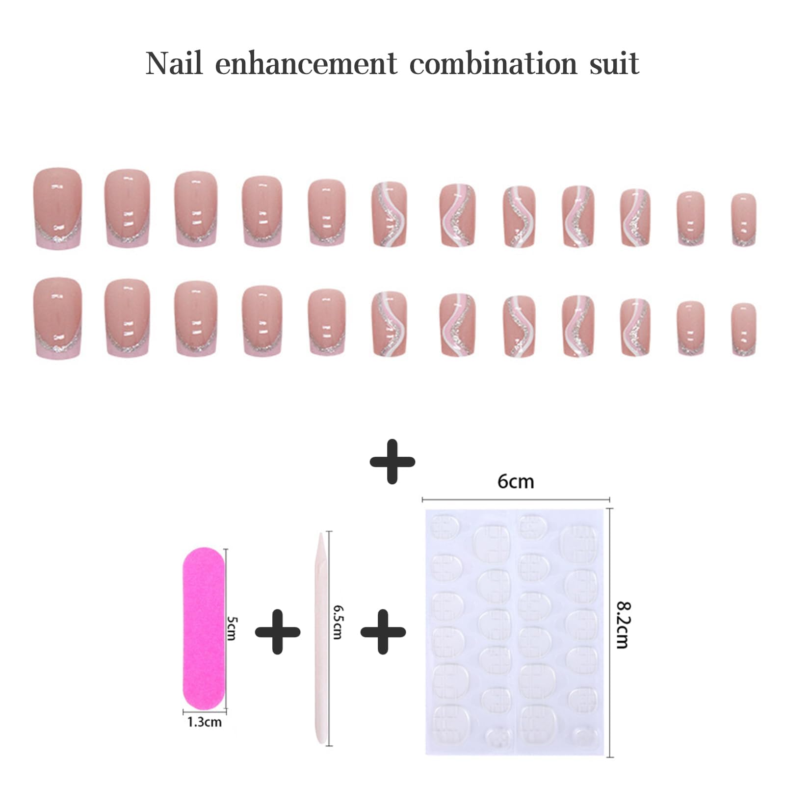 24pcs Square False Nails Medium Length Pink French Tip Stick Press on Nails Glitter Silver Swirl Line Fake Nails Removable Glue-on Acrylic Full Cover Nails Women Girls Nail Art Accessories