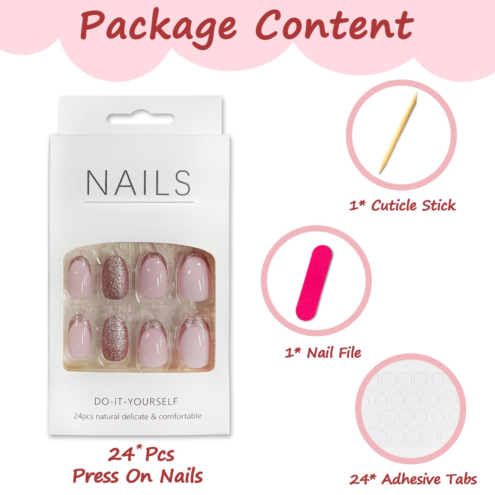 24Pcs Almond Press on Nails Short, French Tip Fake Nails Glossy Pink Glitter False Nails with Glue Stickers, Oval Acrylic Full Cover Glue on Nails for Women and Girls