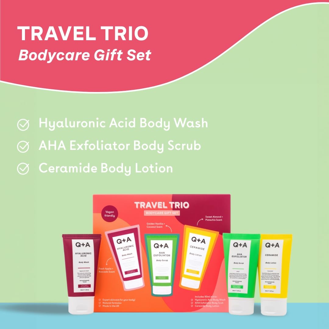 Q+A Travel Trio Body Care Giftset, containing a Hyaluronic Acid Body Wash, AHA Exfoliator Body Scrub, and a Ceramide Body Lotion, each item 50ml