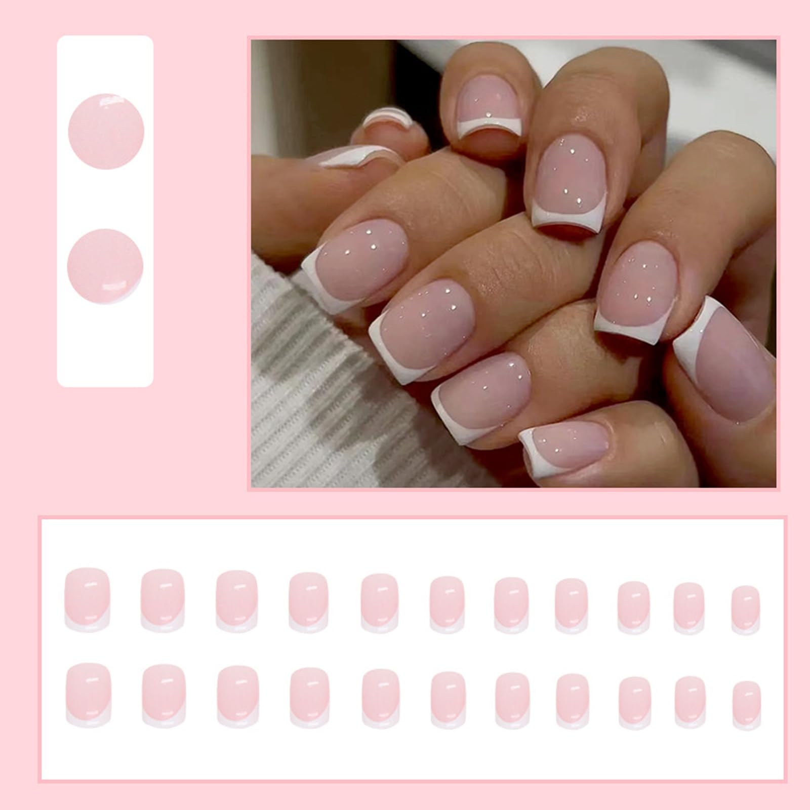 24 Pcs French False Nails - Press on Nails - Full Cover False Nails Nude White Square Stick on Nails - French Fake Nails Stick on Nails for Women and Girls Nail Art