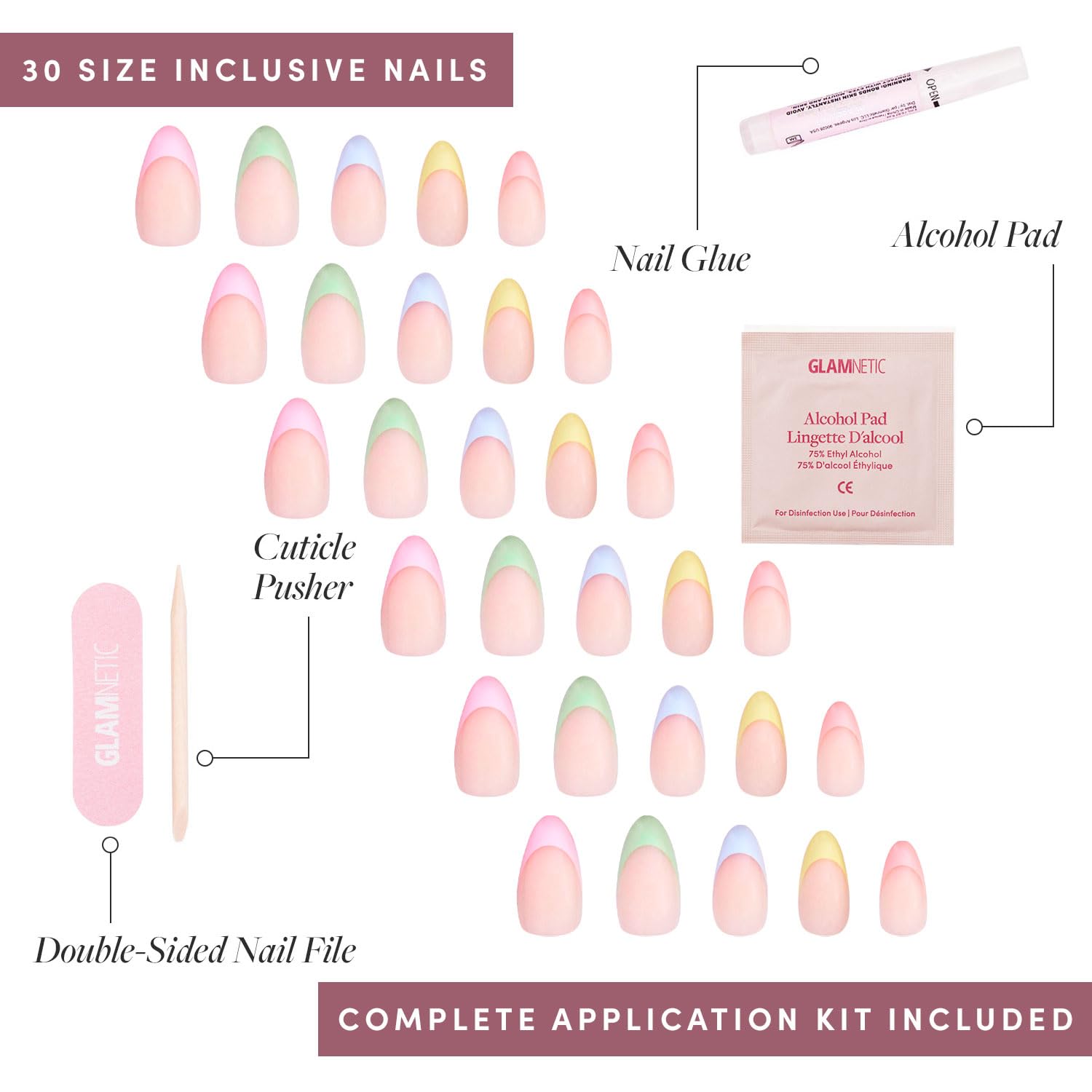 Glamnetic Press On Nails - Confetti | Semi-Transparent, Short Almond Nails, Reusable | 15 Sizes - 30 Nail Kit with Glue