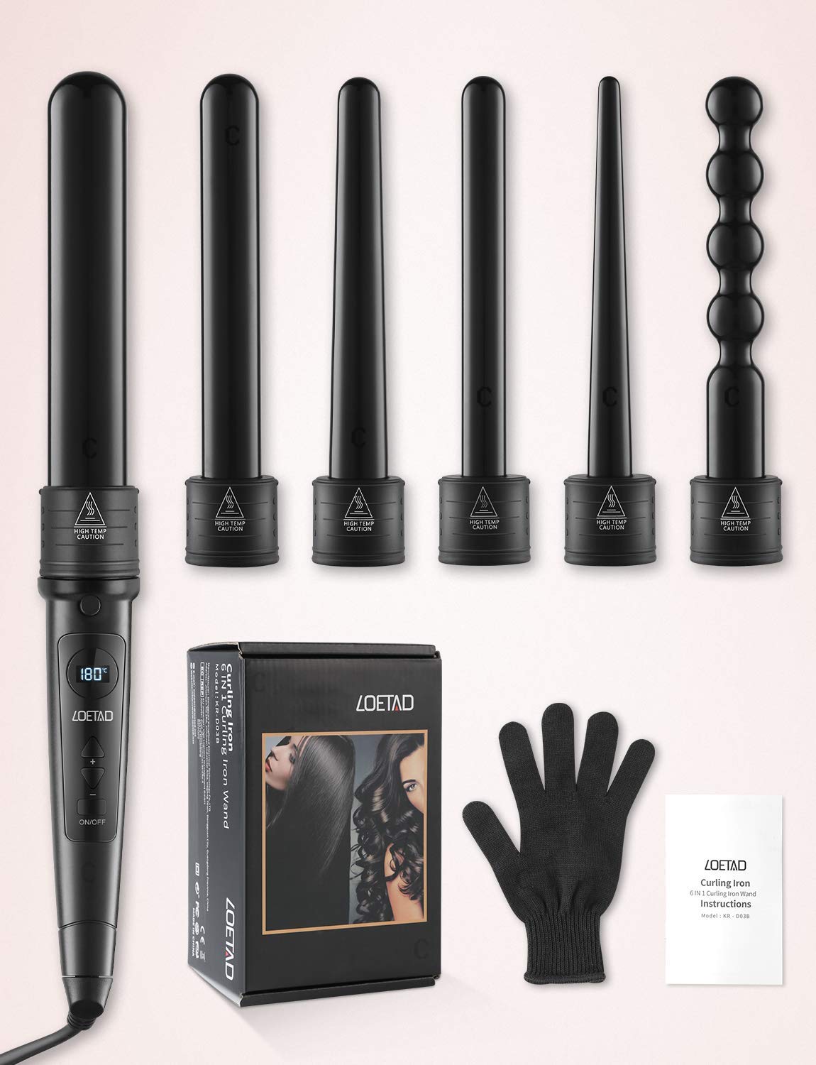 LOETAD Curling Wand Tong Hair Curlers Set 6 in 1 Curling Irons with PTC Ceramic Barrels LCD 80°C-230°C Temperature Control