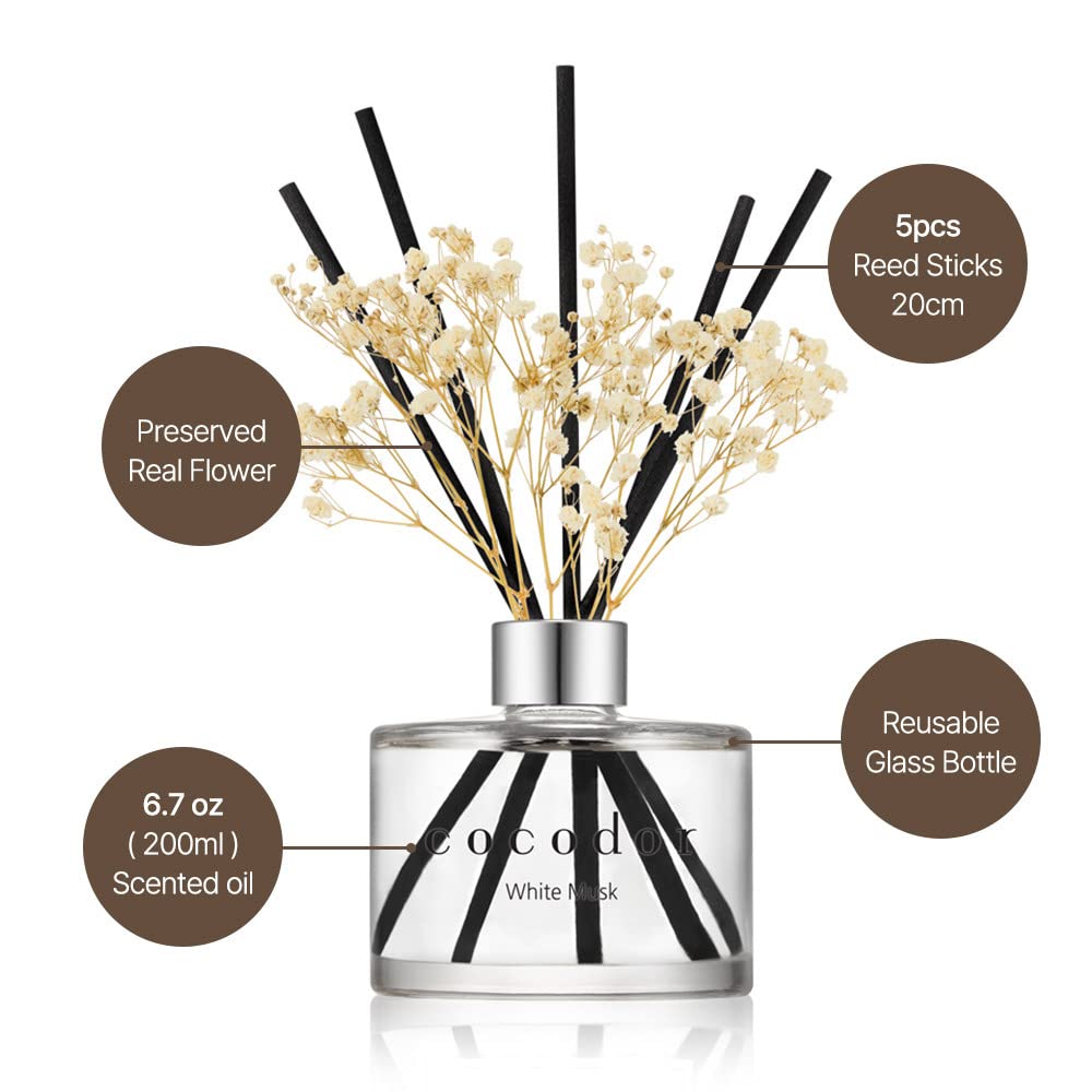 COCODOR Flower Reed Diffuser set / 6.7oz / White Jasmine/Scent Diffuser with Sticks Home Fragrance Reed Diffuser for Bathroom Shelf Decor