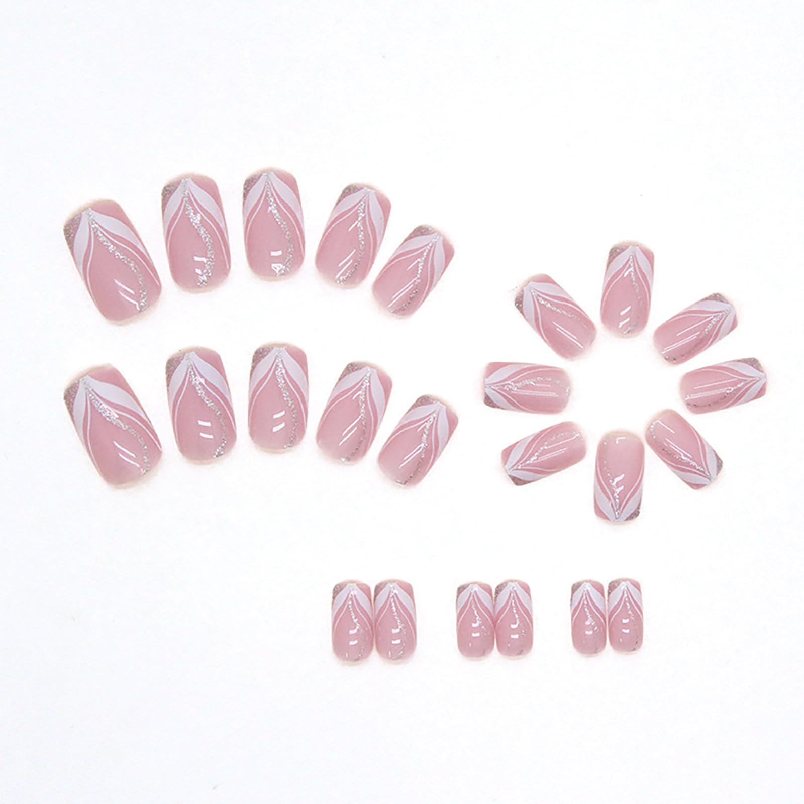 24pcs Square False Nails Short Stick on Nails White Silver Glitter Press on Nails Nude Pink Removable Glue-on Nails Full Cover Fake Nails Women Girls Nail Art Accessories