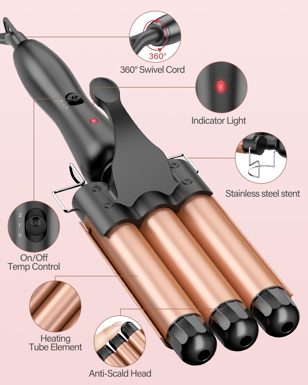 BESTOPE RAY Hair Curler 25mm, 3 Barrel Hair Waver with 30s Quick Heating, Curling Iron with 2 Temperature Control, Heat-Resistant Glove for Long Medium Short Hair