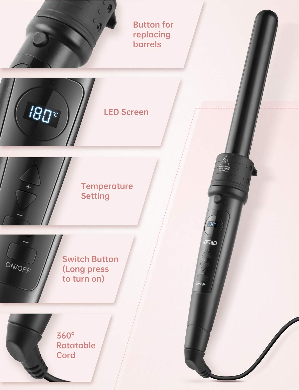 LOETAD Curling Wand Tong Hair Curlers Set 6 in 1 Curling Irons with PTC Ceramic Barrels LCD 80°C-230°C Temperature Control