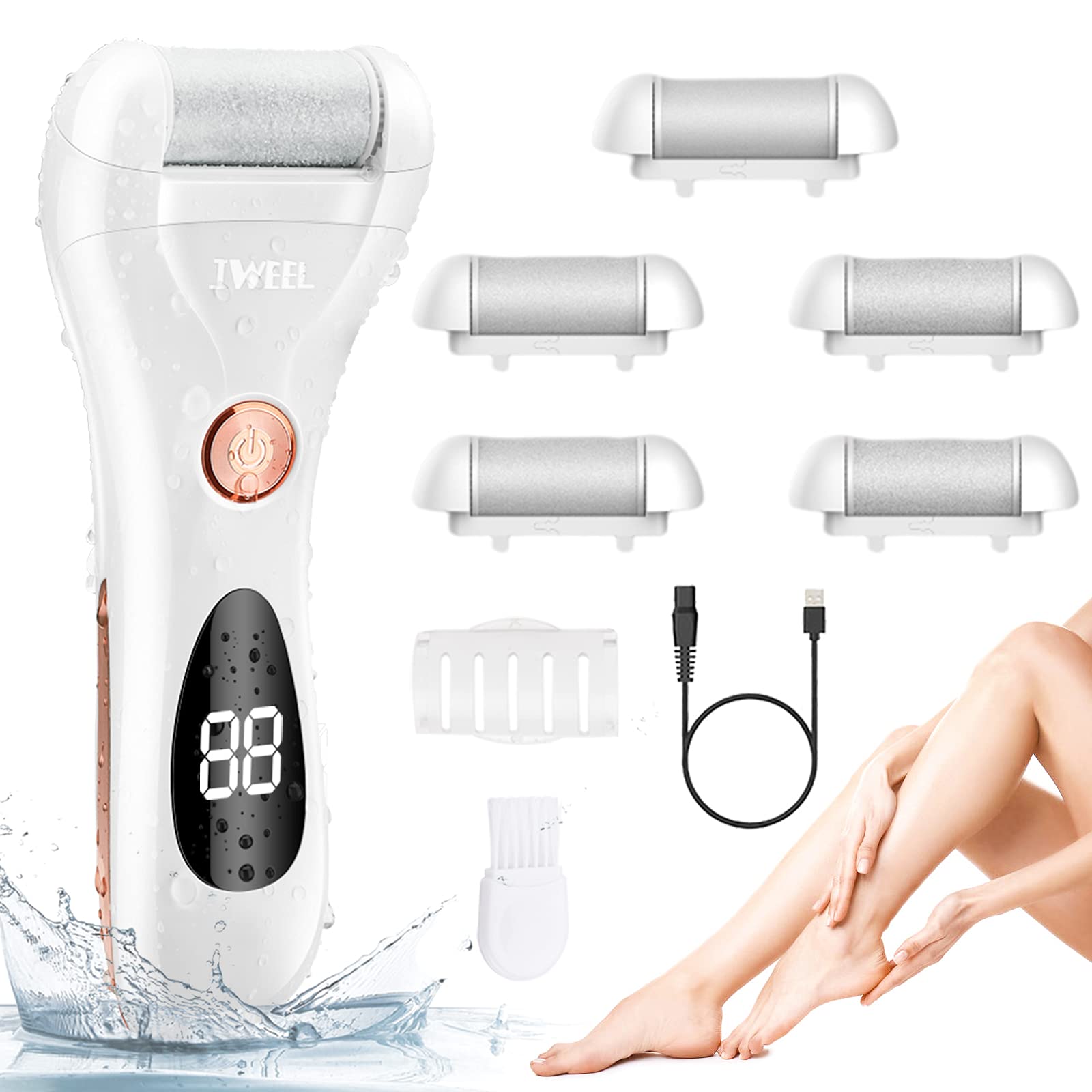 IWEEL Waterproof Rechargeable Electric Foot File with 5 Roller Heads