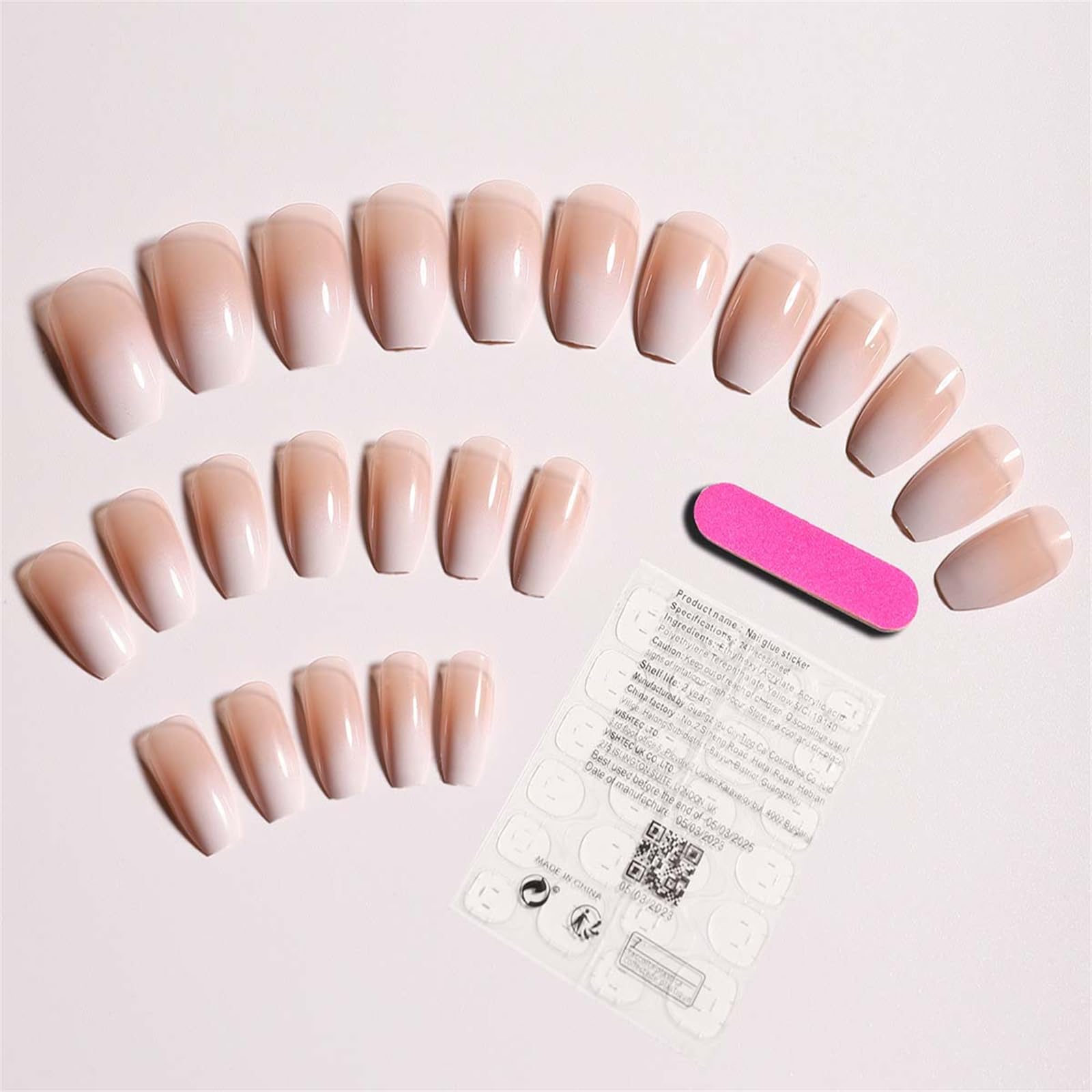 Coffin False Nails Long, 24Pcs White gradient French Fake Nails, Ballerina Press on Nails,Nude French Nail Tips with Nail Glue, Artificial Finger Manicure for Women and Girls