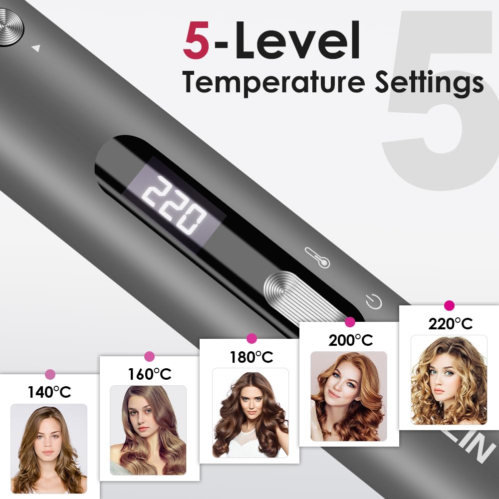 Faszin Hair Curler Curling Wand, Newbie One-Touch Automatic Curling Iron for Long Hair & Short Hair, Professional 32mm Rotating Beach Waver Curling Tongs with LCD Display&5 Adjustable Temper-Pewter