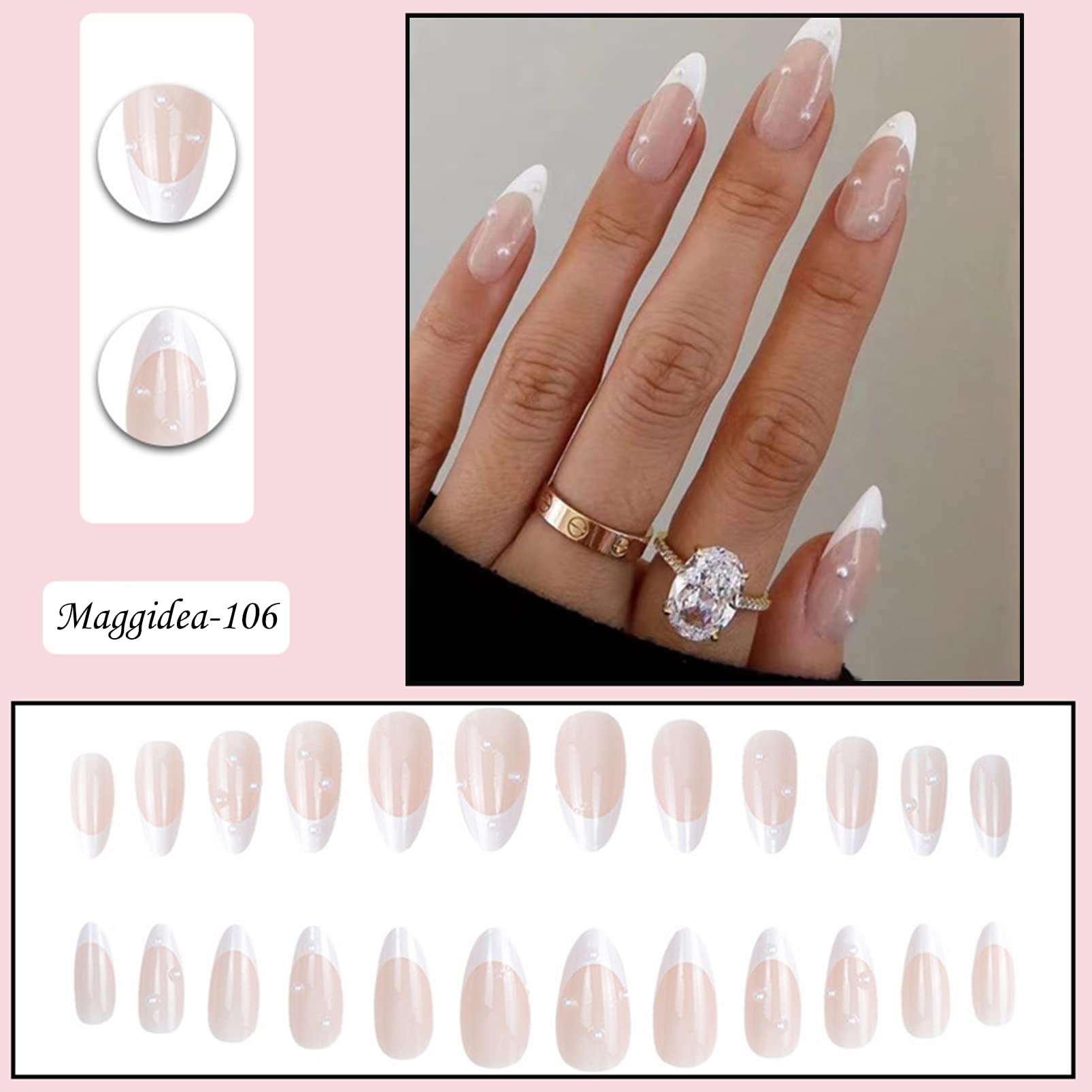 French False Nails, Press on Nails Medium Length, Acrylic White Tip Pearl Stick on Nails, 24pcs Almond False Nails with Glue Elegant Fake Nails for Women Girls (White Pearl)