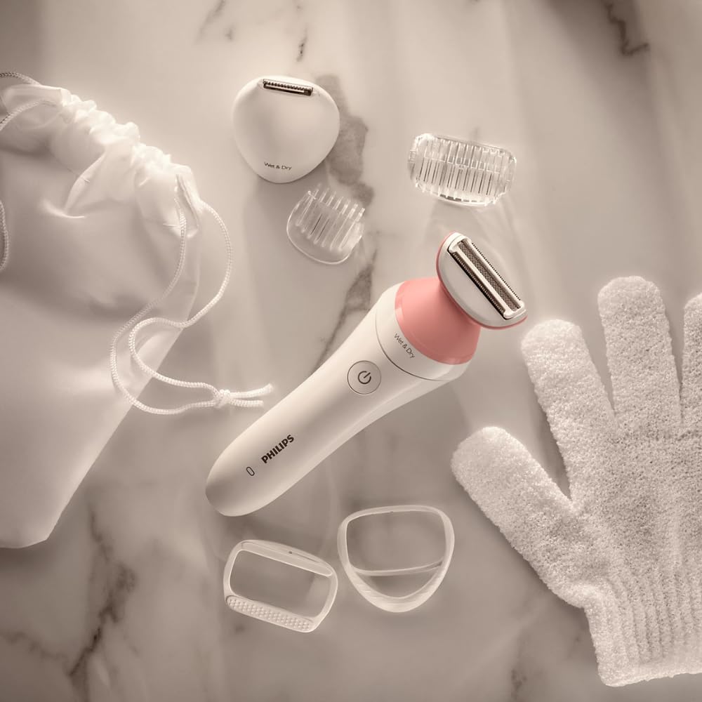 PHILIPS Lady Shaver Series 6000 Wireless Razor with 6 Accessories Body Exfoliating Glove Bikini Zone Trimmer (Model BRL146/00), White/Pink