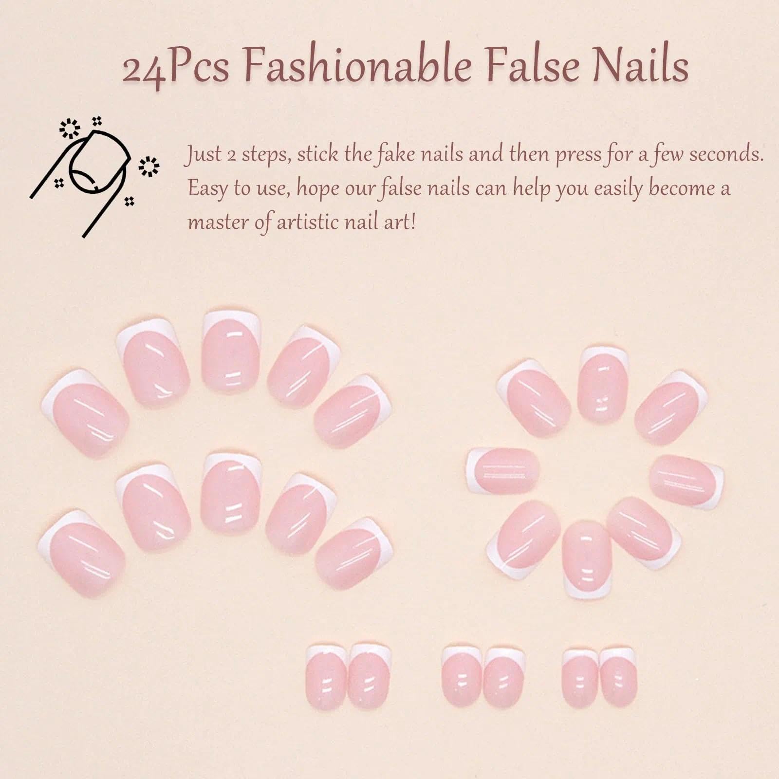 Vanpiece 24 Pcs French False Nails， Full Cover False Nails Nude White Square Stick on Nails， Press on Nails， French Fake Nails Stick on Nails for Women and Girls Nail Art