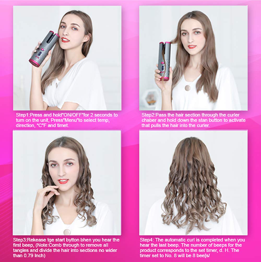 SevenPanda Hair Curler,Rotating Curling Tongs, Curling Iron, Cordless Auto Curler Restriction with Built-in Rechargeable Battery, Ceramic Professional Hair Curler USB Charging and Portable