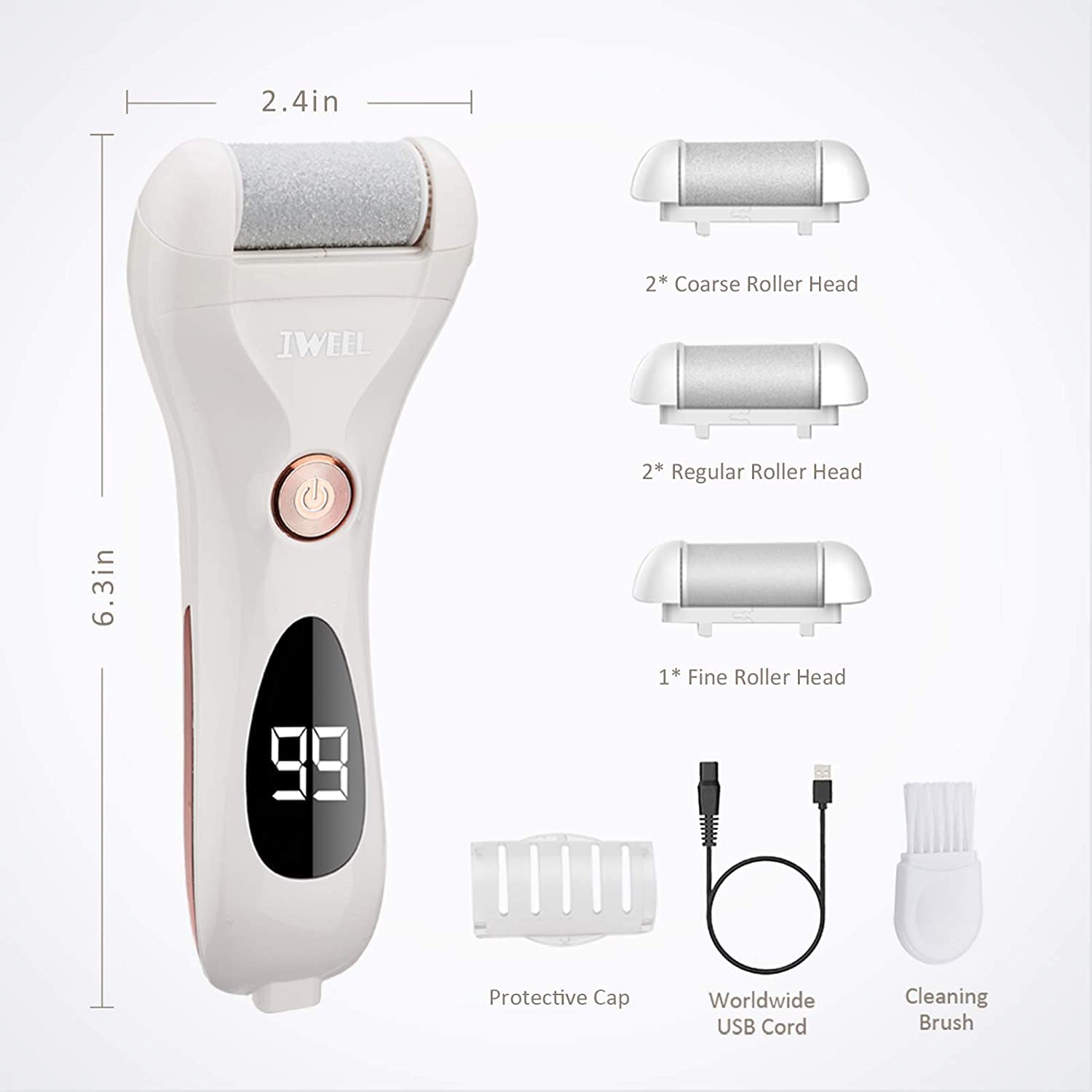 IWEEL Waterproof Rechargeable Electric Foot File with 5 Roller Heads