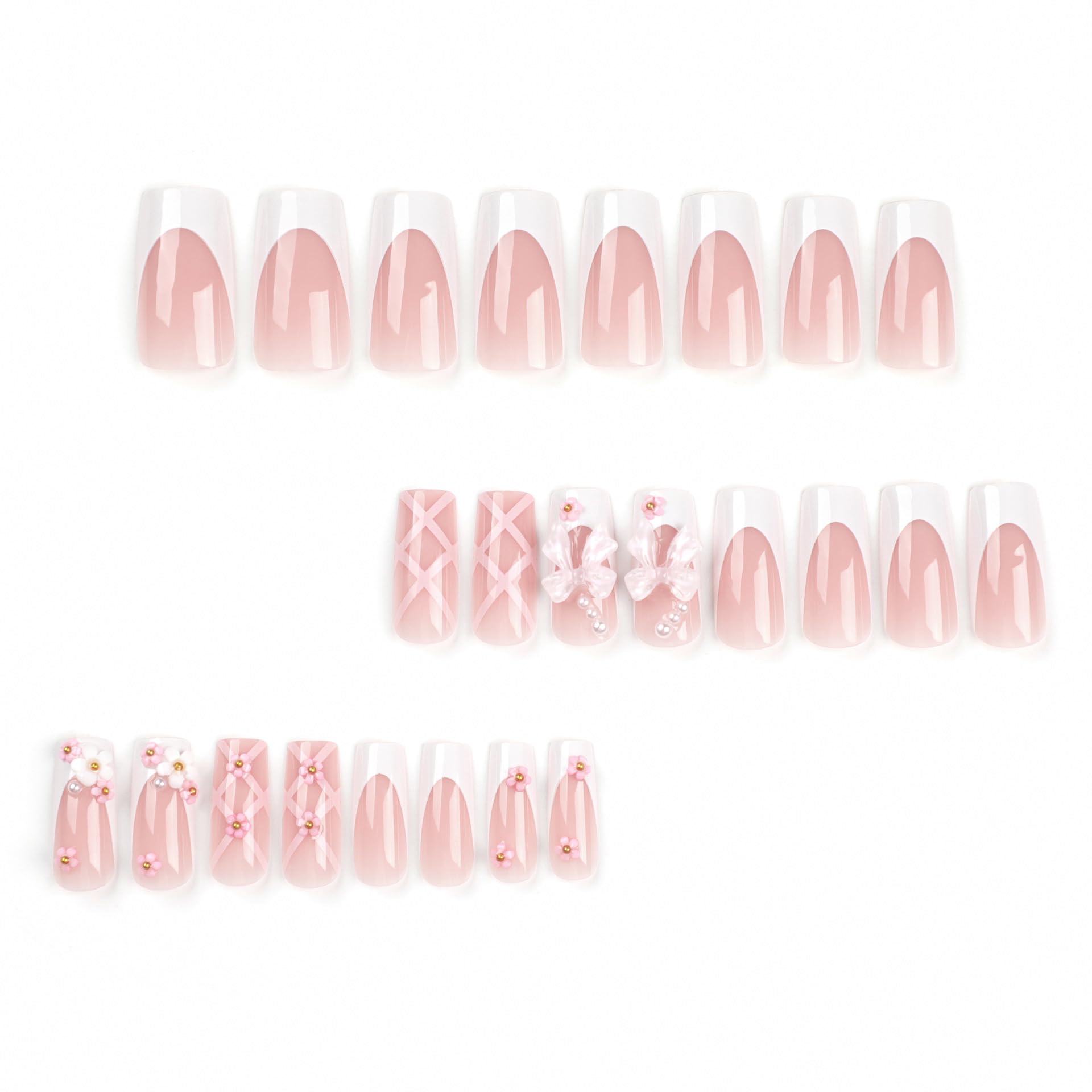 Long Square False Nails, French Press on Nails, Acrylic Stick on Nails, 24pcs Design Fake Nails with Glue Sticker for Women and Girls Nail Tips Cool Nails (Ballet Slippers, 24pcs)