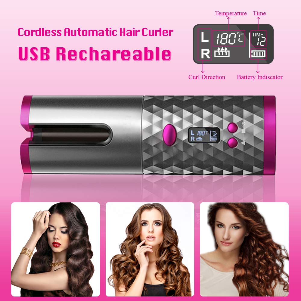 SevenPanda Hair Curler,Rotating Curling Tongs, Curling Iron, Cordless Auto Curler Restriction with Built-in Rechargeable Battery, Ceramic Professional Hair Curler USB Charging and Portable