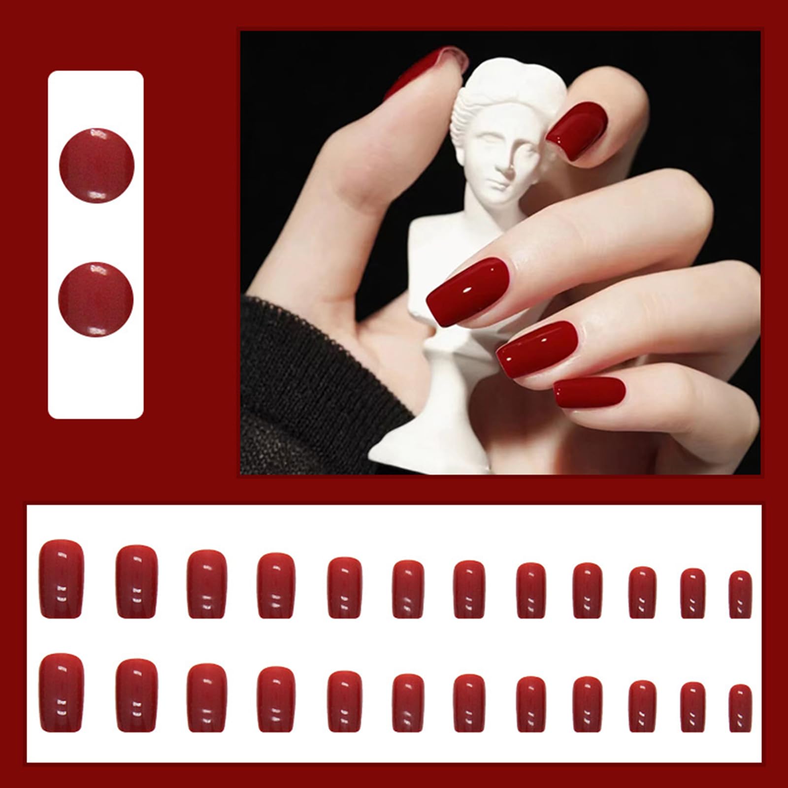 Ceboic 24Pcs False Nails Medium, Square Shiny Burgundy Press on Nails with Glue Stickers, French Pure Color Ballerina Fake Nails, Natural Acrylic Full Cover Stick on Nails for Women Girls (Wine Red)