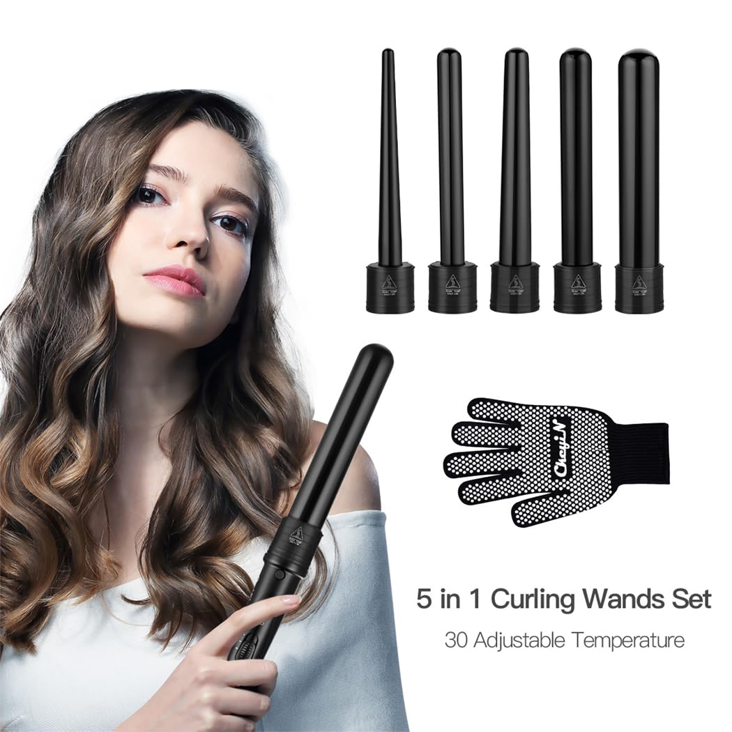 Ceramic Curling Wand, CkeyiN 5 in 1 Hair Curlers Wand with Temperature Control Professional Curling Iron for Long Short Thick Fine Hair, 360° Swivel, Black