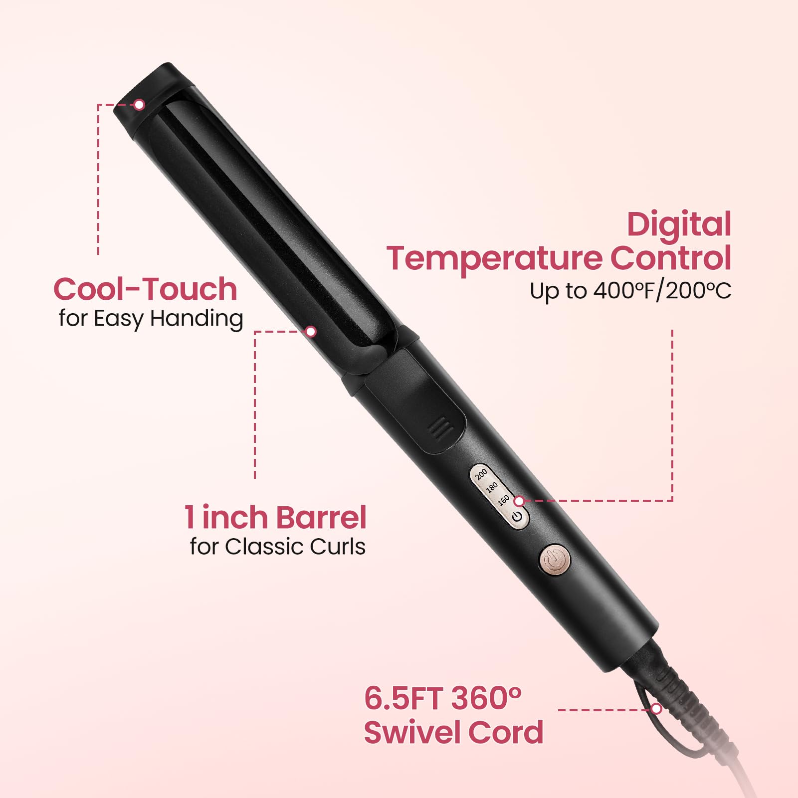 HeBeny Hair Curler, 25mm Curling Tongs Hair Styling Tool for Shiny Curls and Wave Curling Wand, 110-240V, Quick Heat, Ceramic Curling Iron Hair Curlers