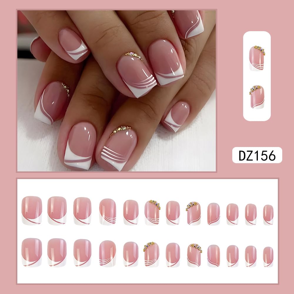 False Nails Short, French Stick on Nails, 24pcs Square Pink Press On Nails with Glue Elegant Design Sweet Fake Nails for Women Girls (Sweet French)