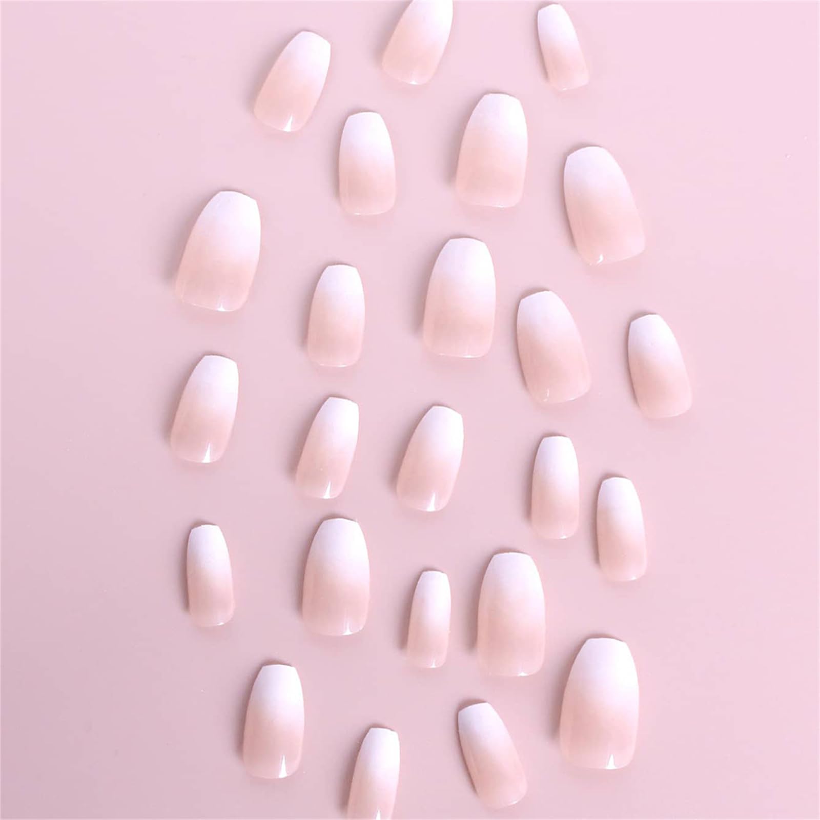 Coffin False Nails Long, 24Pcs White gradient French Fake Nails, Ballerina Press on Nails,Nude French Nail Tips with Nail Glue, Artificial Finger Manicure for Women and Girls