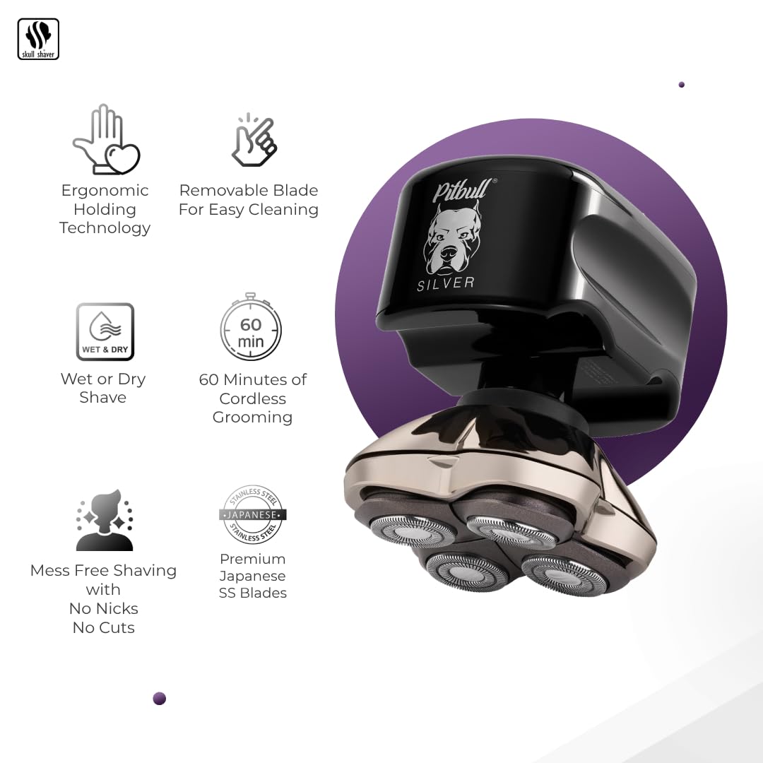 Skull Shaver Silver PRO Men’s Electric Head Shaver Electric Razor for Head and Face (UK Plug)
