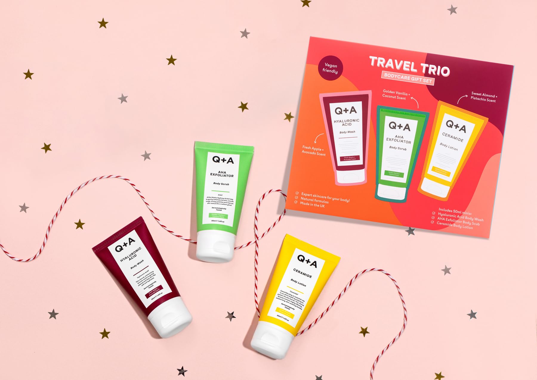 Q+A Travel Trio Body Care Giftset, containing a Hyaluronic Acid Body Wash, AHA Exfoliator Body Scrub, and a Ceramide Body Lotion, each item 50ml