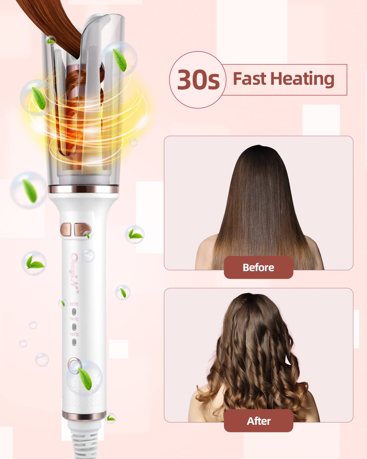 CkeyiN Automatic Hair Curler, 25mm Curling Tongs with 3-Speed Adjustable Temperature, Professional Anti-scalding Curling Iron for Long & Short Hair Styling, White, 1.0 Count