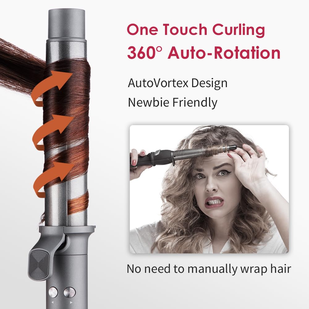 Faszin Hair Curler Curling Wand, Newbie One-Touch Automatic Curling Iron for Long Hair & Short Hair, Professional 32mm Rotating Beach Waver Curling Tongs with LCD Display&5 Adjustable Temper-Pewter