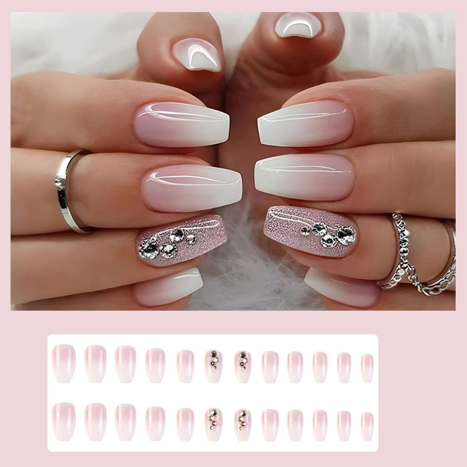 24Pcs Medium False Nails Coffin, French Tip Stick on Nails Pink Glitter Press on Nails, Nude Fake Nails Set with Rhinestones Designs, Acrylic Full Cover Glue-on Nails for Women Girls