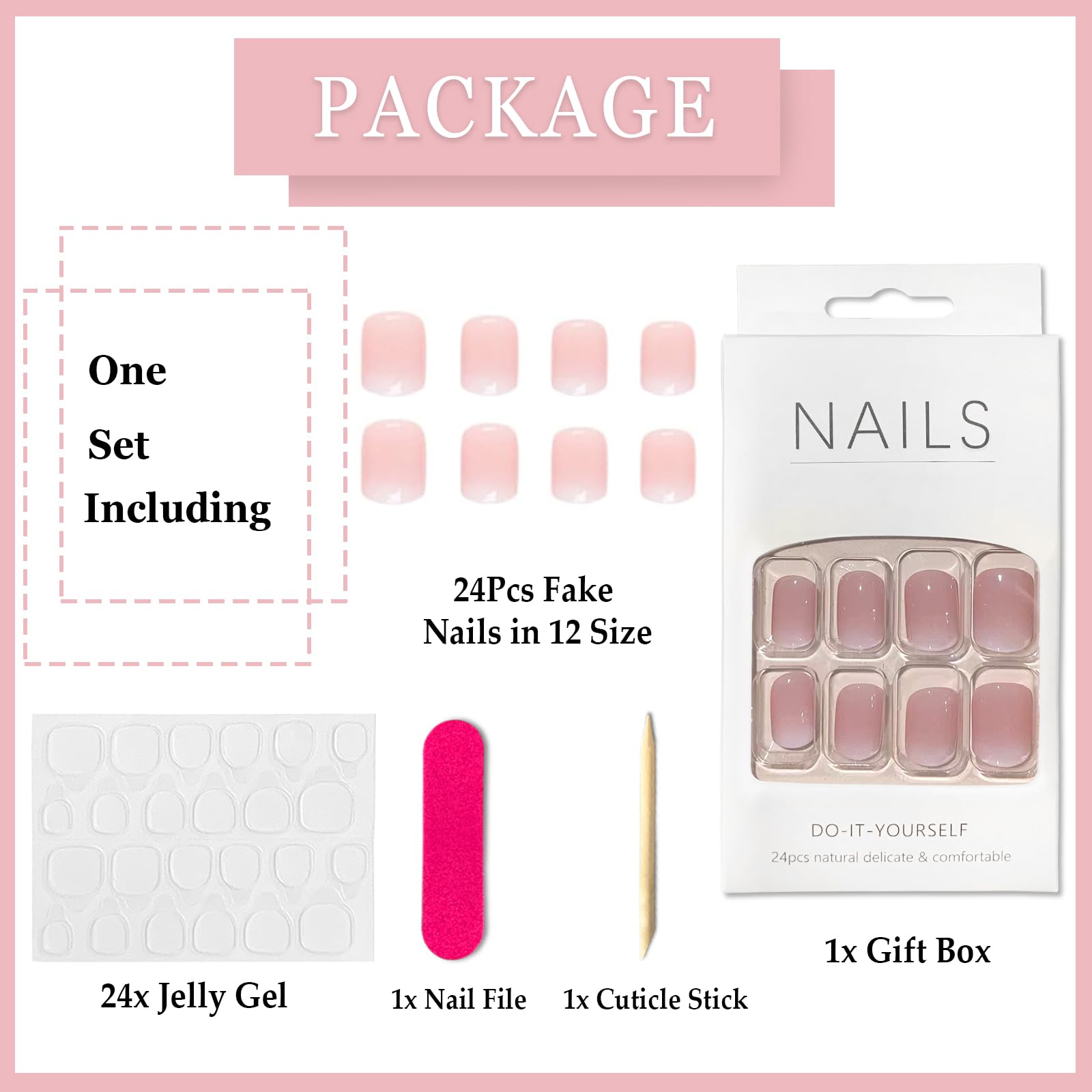 24pcs French False Nails Pink White Tip Short Square Press on Nails Gradient Acrylic Full Cover Stick on Nails with Design Elegant Fake Nails Women Girls Nail Art Accessories