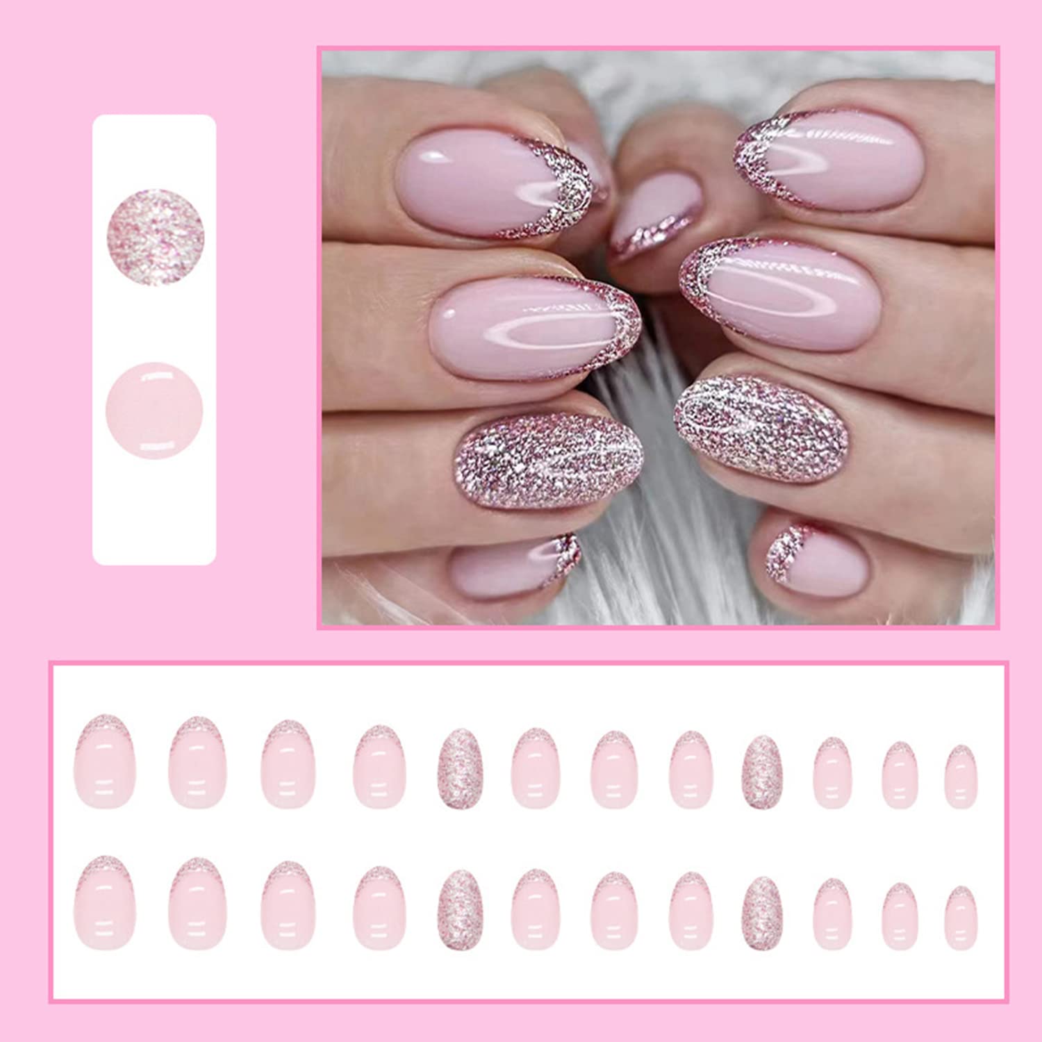 24Pcs Almond Press on Nails Short, French Tip Fake Nails Glossy Pink Glitter False Nails with Glue Stickers, Oval Acrylic Full Cover Glue on Nails for Women and Girls