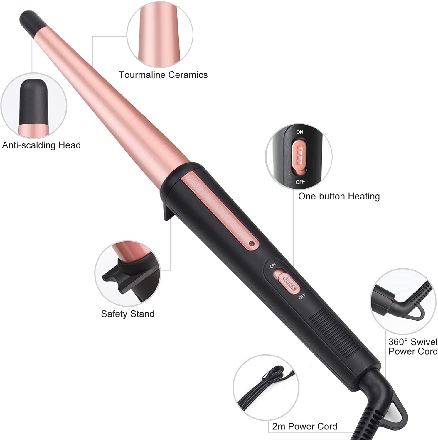 Hair Curling Wand, 13-25MM Tapered Curling Iron, Professional Ceramic Hair Curler Wand with Heat-Resistant Glove, Dual Voltage (Rose Gold)