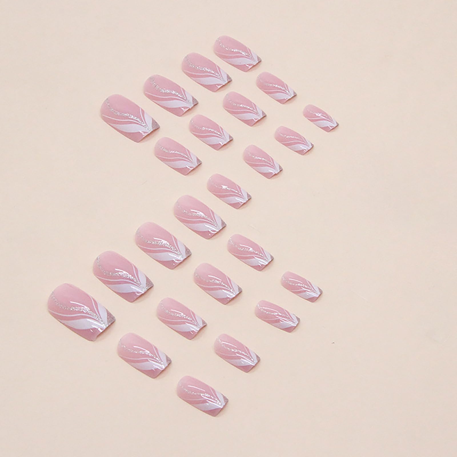 24pcs Square False Nails Short Stick on Nails White Silver Glitter Press on Nails Nude Pink Removable Glue-on Nails Full Cover Fake Nails Women Girls Nail Art Accessories