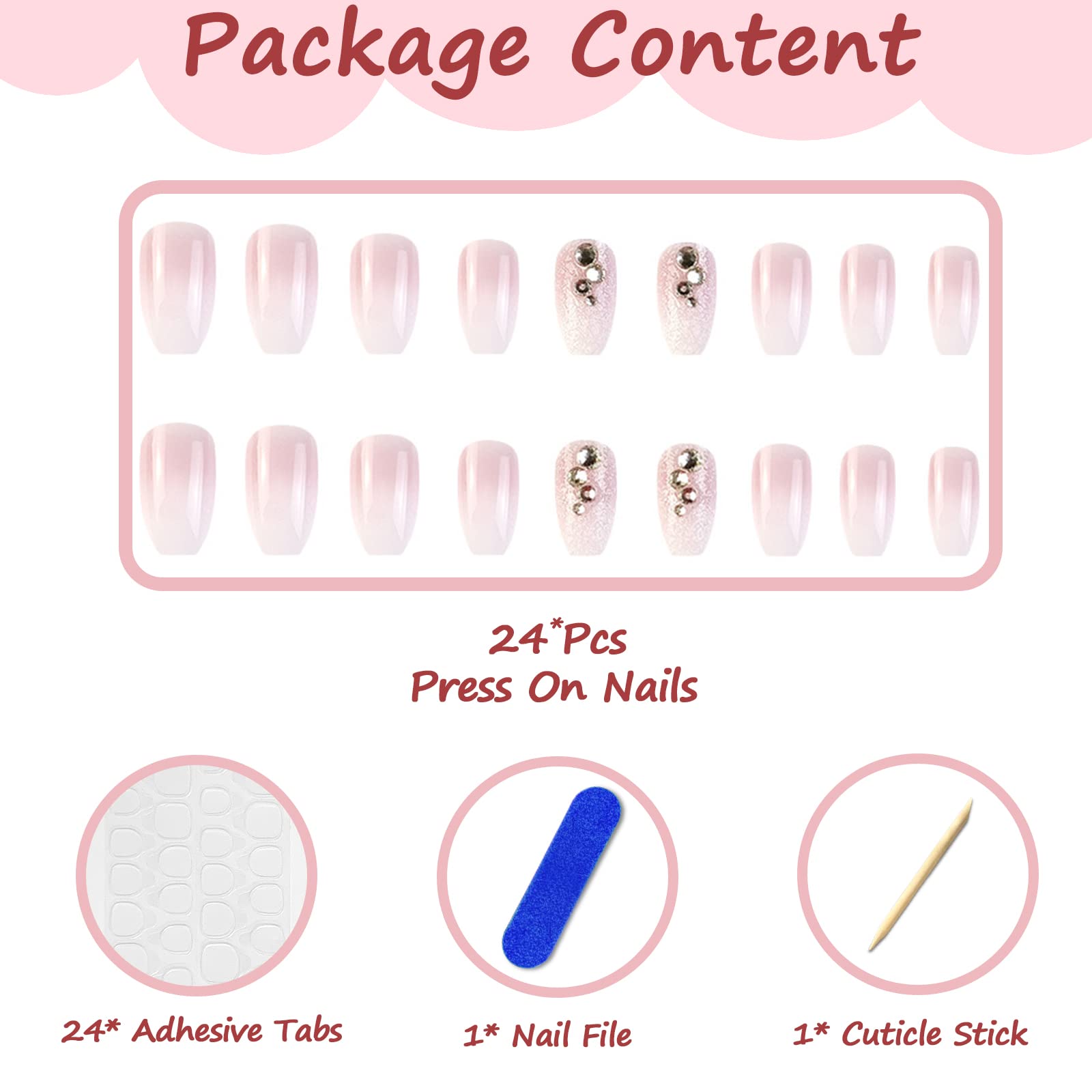 24Pcs Medium False Nails Coffin, French Tip Stick on Nails Pink Glitter Press on Nails, Nude Fake Nails Set with Rhinestones Designs, Acrylic Full Cover Glue-on Nails for Women Girls