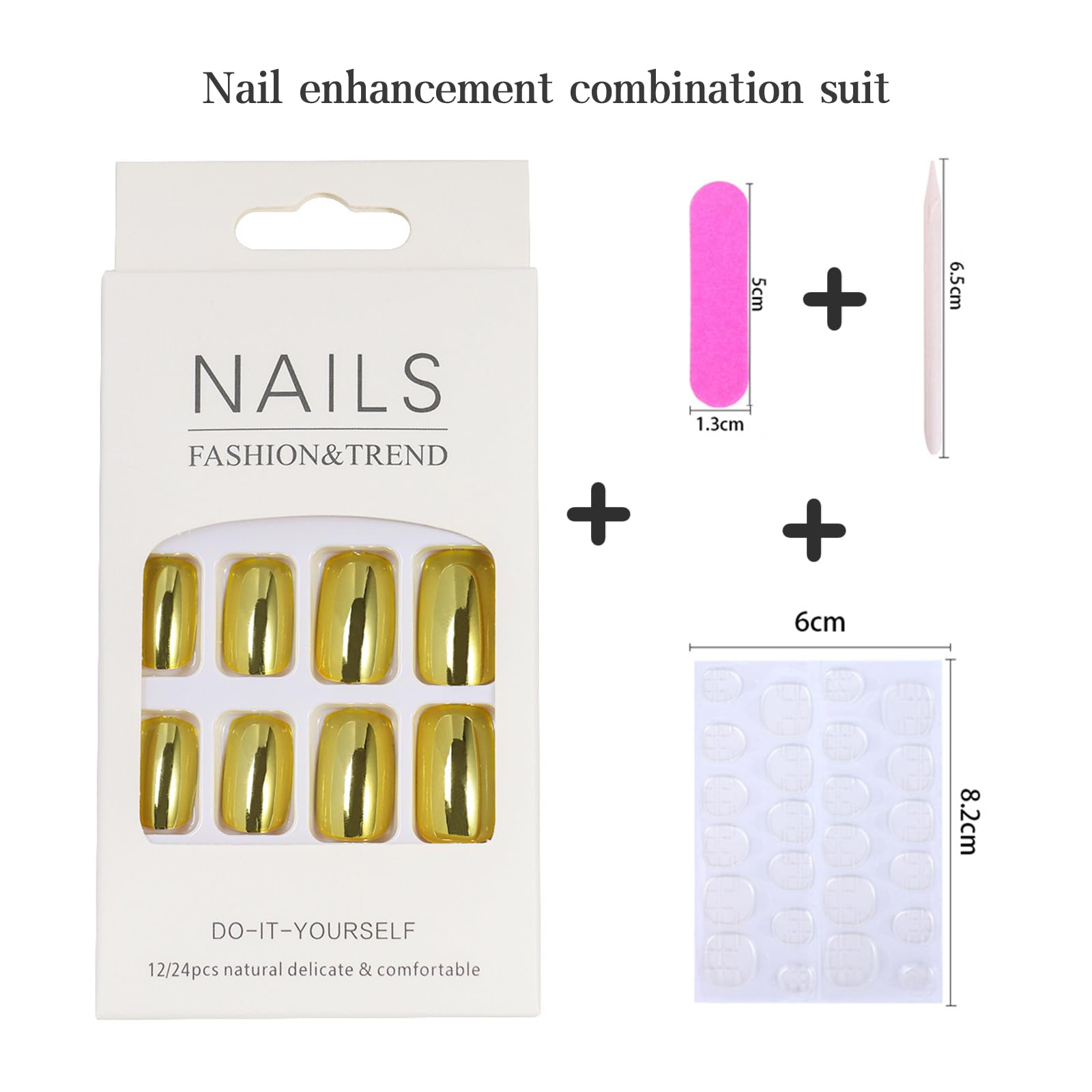 24pcs Short Square False Nails Metallic Gold Stick on Nails Mirror Effect Press on Nails Removable Glue on Nails Full Cover Fake Nails Set Women Bridal Nail Art Accessories