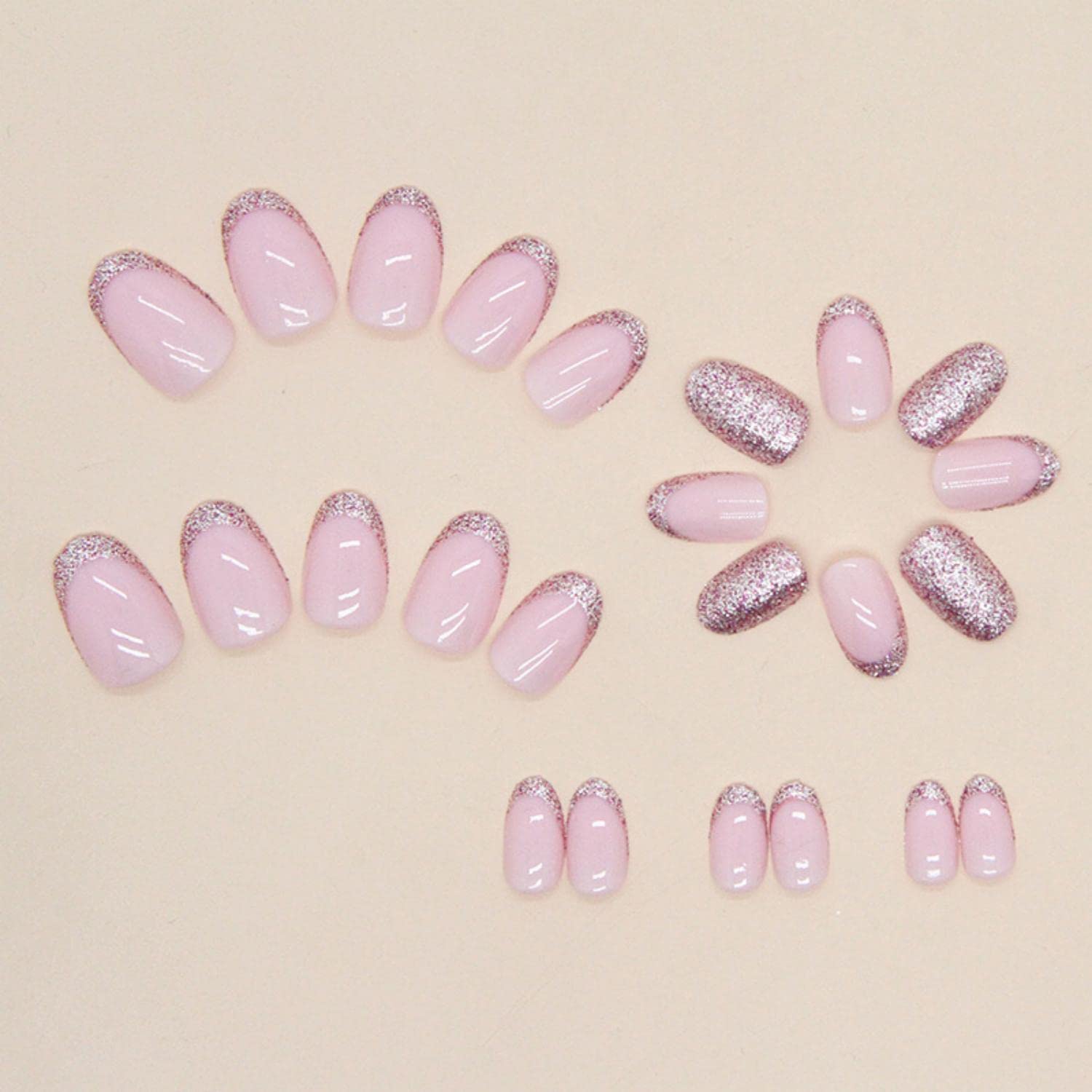 24Pcs Almond Press on Nails Short, French Tip Fake Nails Glossy Pink Glitter False Nails with Glue Stickers, Oval Acrylic Full Cover Glue on Nails for Women and Girls