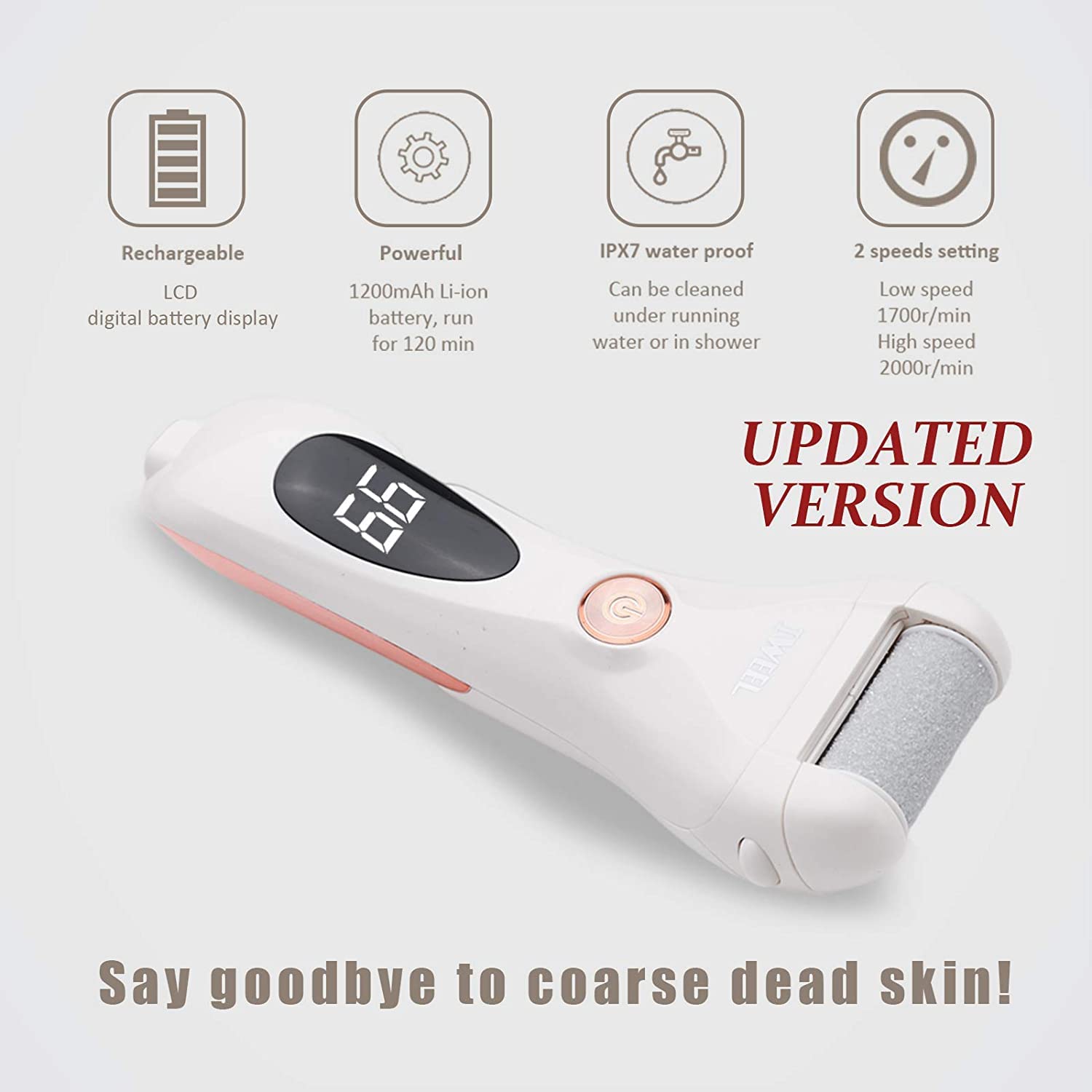 IWEEL Waterproof Rechargeable Electric Foot File with 5 Roller Heads