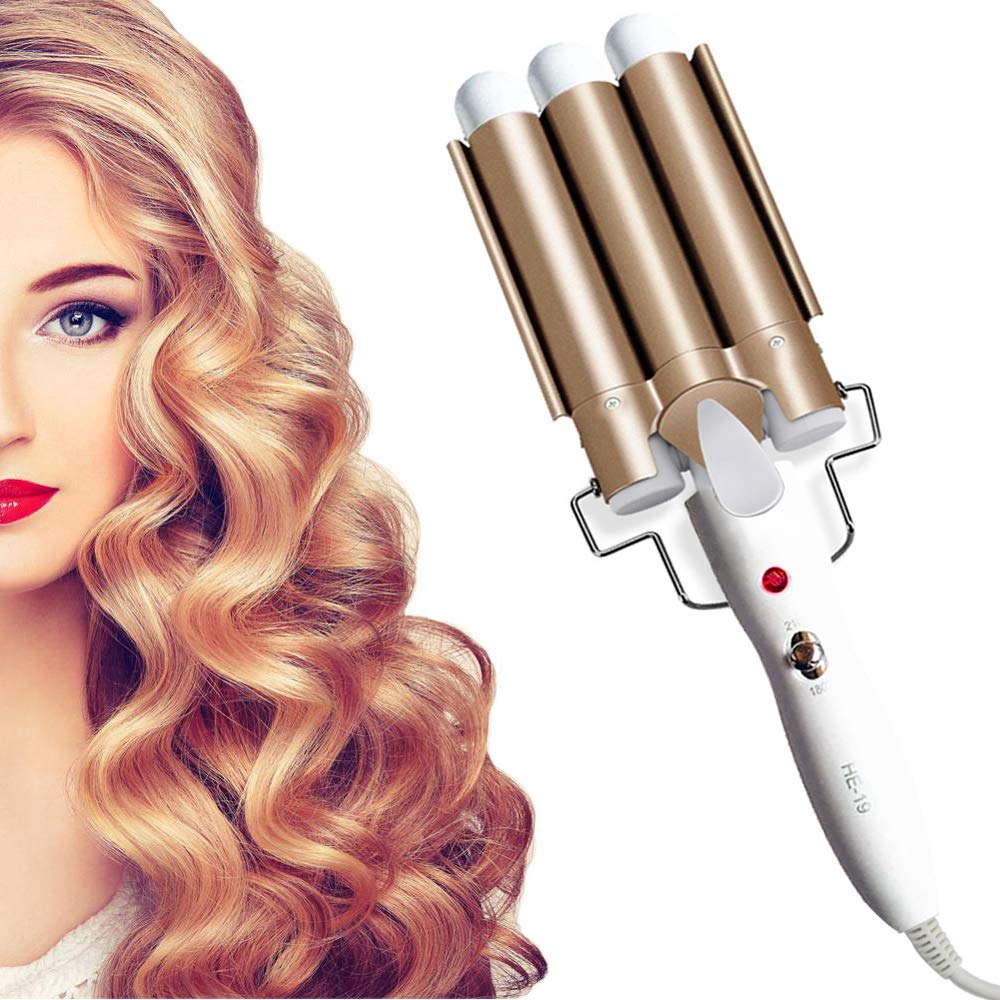 3 Barrel Hair Curler, 25mm Hair Waver Curling Iron Wand Adjustable Temperature with 2 Temperature Control for Long or Short Hair Styling, Curling Iron Large Wave Ceramic Wide Hair Crimpers, Gold