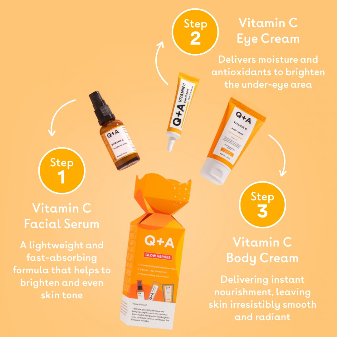 Q+A Glow Heroes Skincare Giftset - Radiance-Boosting Trio with Vitamin C Brightening Serum 30ml, Eye Cream 15ml & Body Cream 50ml - Brighten and Rejuvenate - Vegan & Cruelty-Free, Made in UK