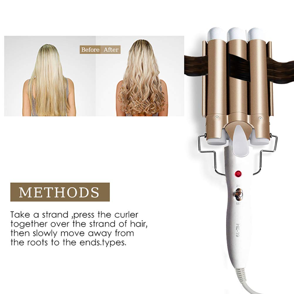 3 Barrel Hair Curler, 25mm Hair Waver Curling Iron Wand Adjustable Temperature with 2 Temperature Control for Long or Short Hair Styling, Curling Iron Large Wave Ceramic Wide Hair Crimpers, Gold