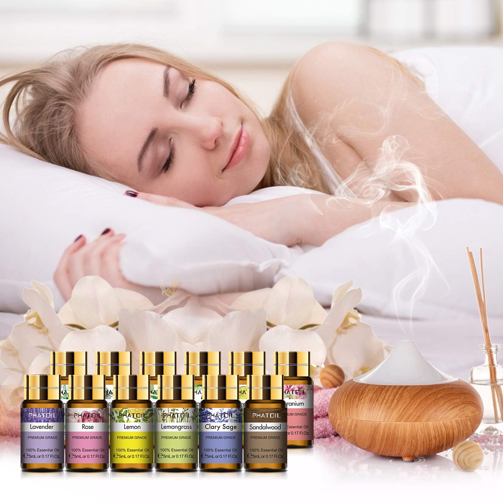 PHATOIL Premium Essential Oils Set with Wood Diffuser Pure Natural Aromatherapy Oils Gift Set-12 Pack/5ml for Relaxation, Peaceful, Diffuser, Humidifier