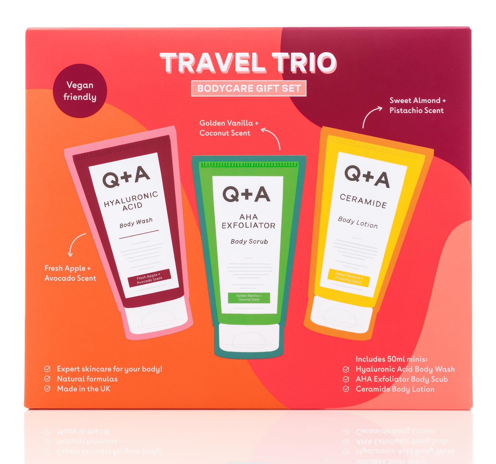 Q+A Travel Trio Body Care Giftset, containing a Hyaluronic Acid Body Wash, AHA Exfoliator Body Scrub, and a Ceramide Body Lotion, each item 50ml