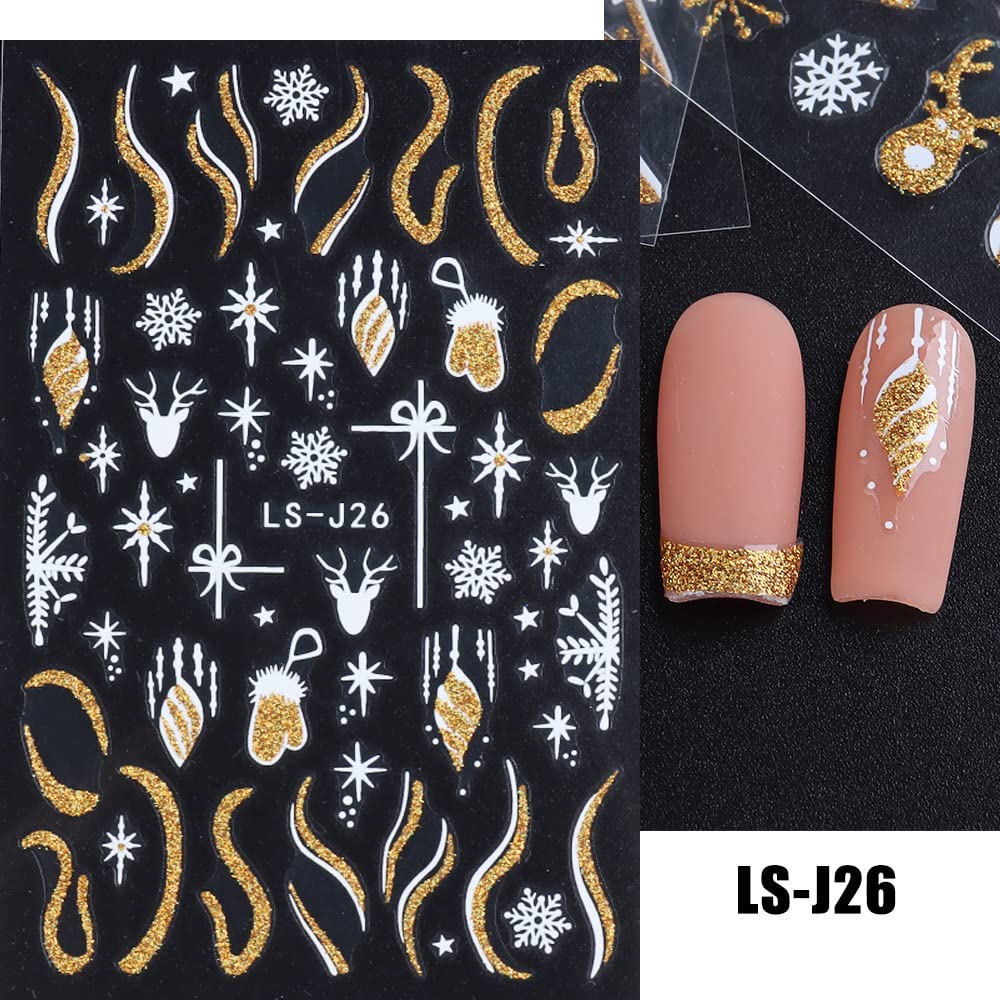 8 Sheets Christmas Nail Art Stickers Decals Self-Adhesive Gold Bling Glitter Reindeer Line Snowflake Nail Supplies Nail Art Design Decoration Accessories