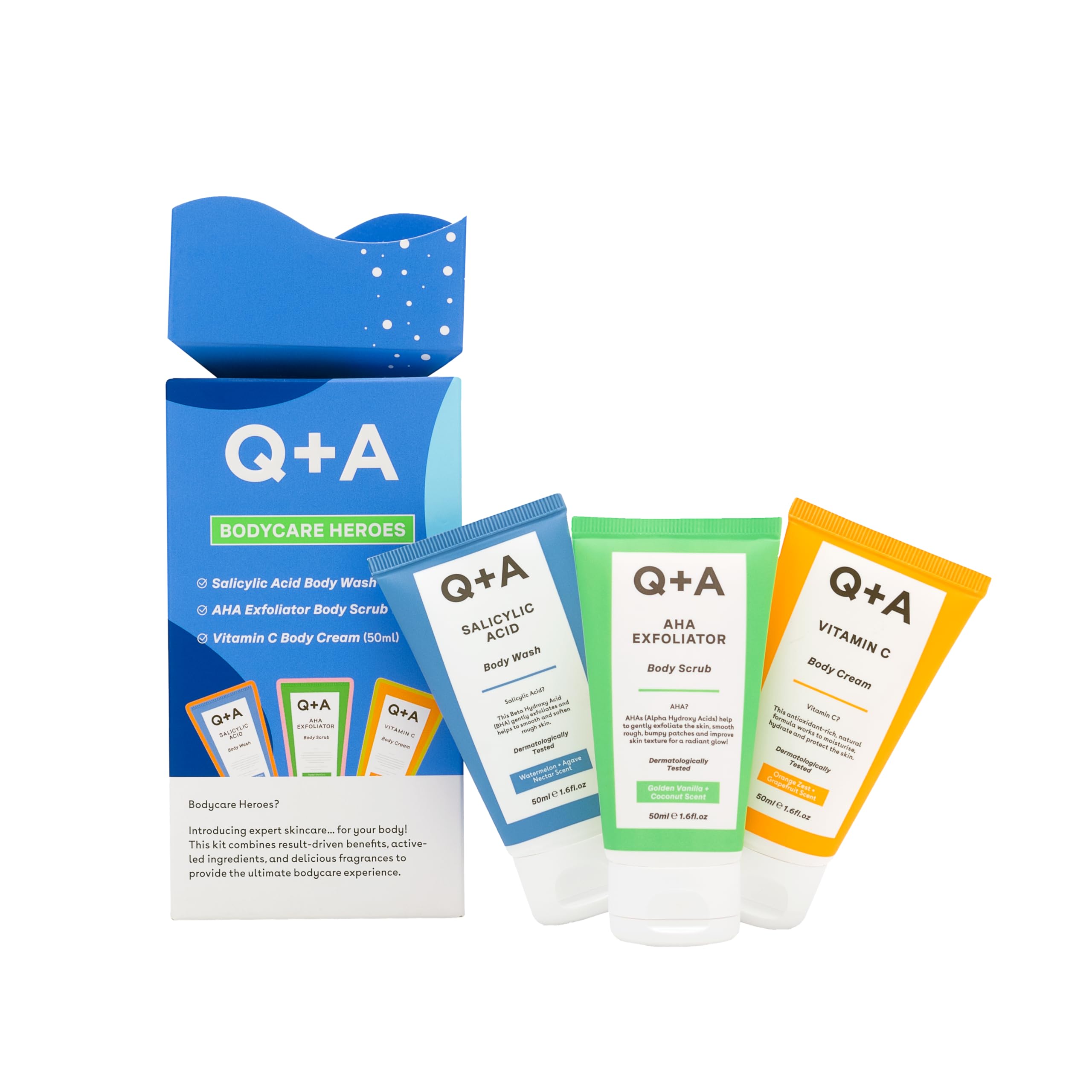 Q+A Bodycare Heroes Giftset - 3-Step Skincare Routine: Salicylic Acid Body Wash, AHA Exfoliator Scrub & Vitamin C Body Cream, Travel Sized 50ml Each, Exfoliate, Smooth & Radiate, Softens Skin