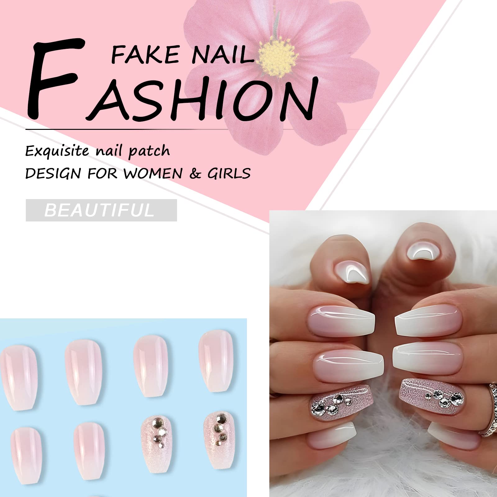 24Pcs Medium False Nails Coffin, French Tip Stick on Nails Pink Glitter Press on Nails, Nude Fake Nails Set with Rhinestones Designs, Acrylic Full Cover Glue-on Nails for Women Girls