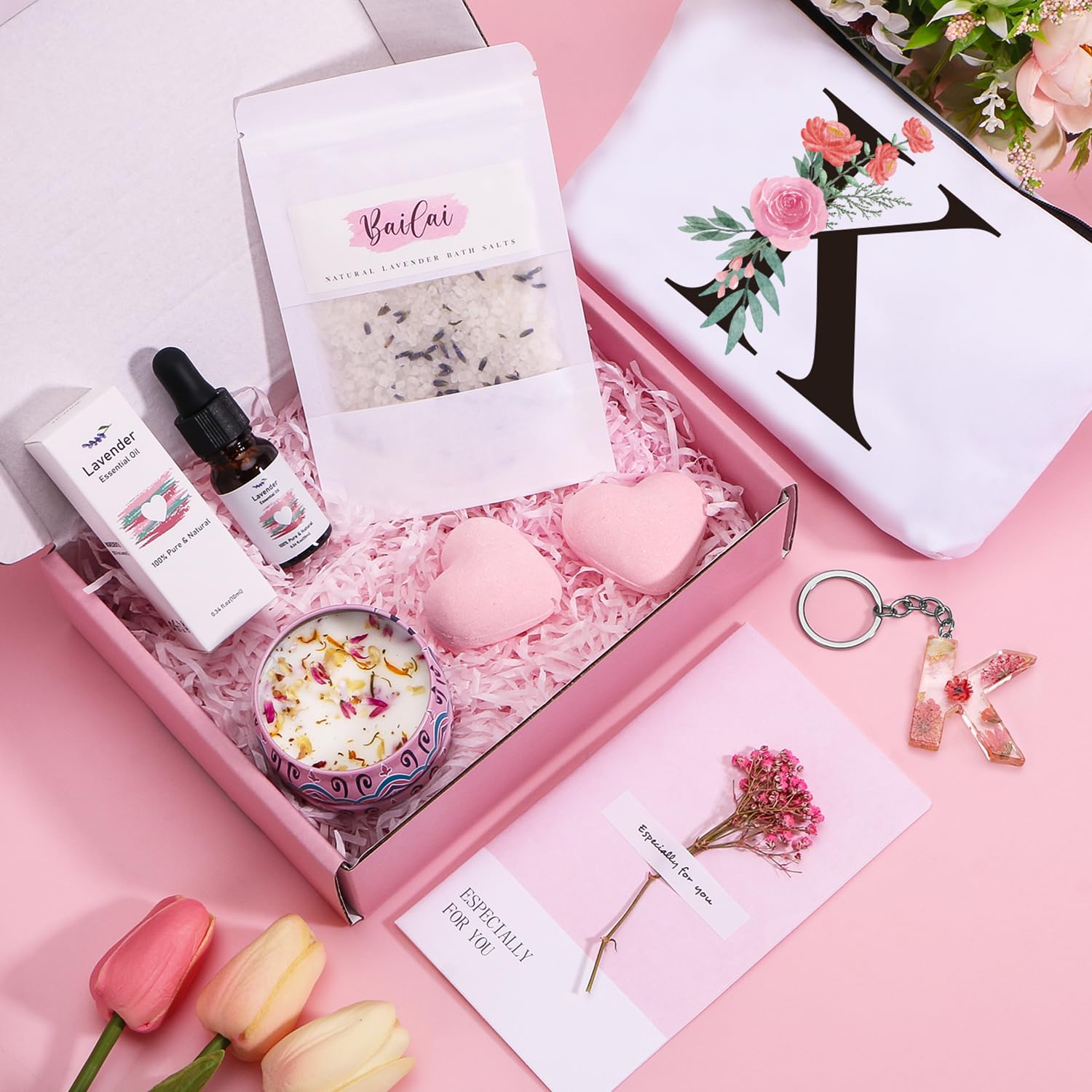 Birthday Pamper Gifts for Women, Personalized Letter K Happy Birthday Letterbox Gifts for Her, Unique Ladies Spa Bath Set Get Well Soon Hampers Thank you Gifts for Women Best Friend Bestie Sister Mum