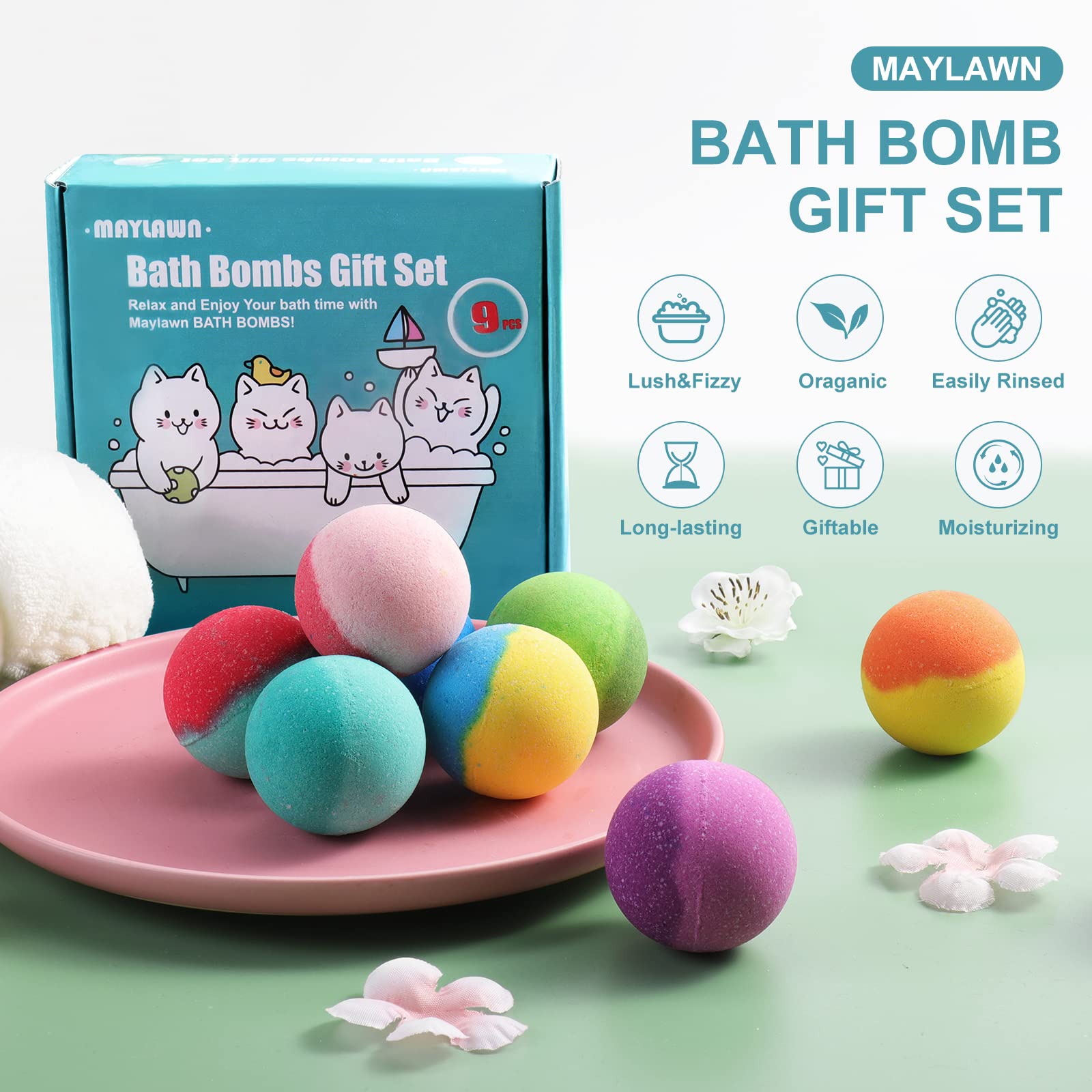 Maylawn Vegan Bath Bombs Gift Set - 9 Handmade Fizzy Bombs