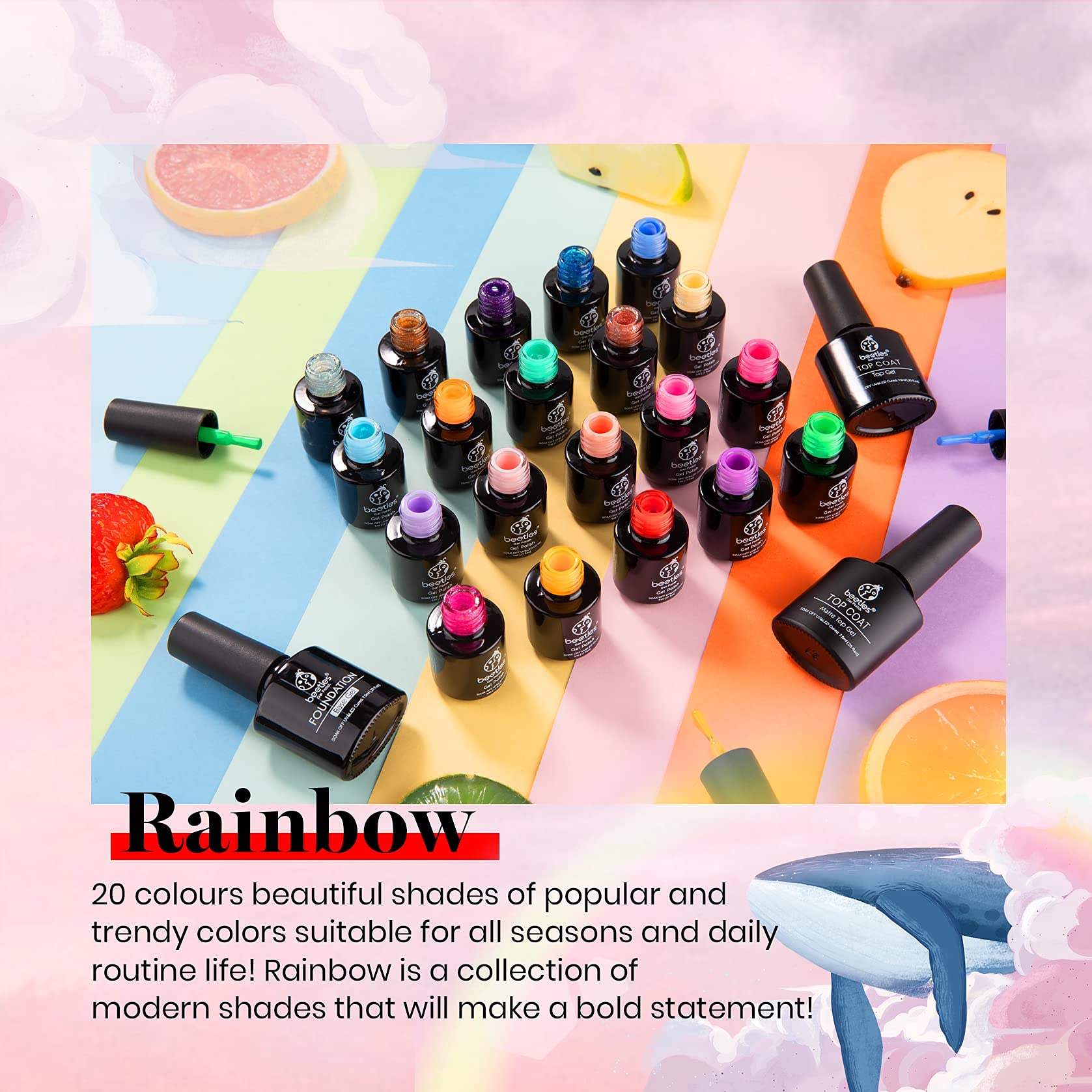 beetles Gel Polish Nail Set 23 Pcs 20 Colors Rainbow Collection Green Pink Blue Glitter Nude Manicure Kit for Girls with 3Pcs Base & Top Coat Uv Lamp Needed Gift Set